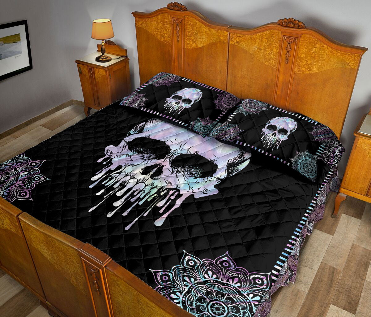 Ohaprints-Quilt-Bed-Set-Pillowcase-Skull-Hologram-Mandala-Floral-Pattern-Unique-Gift-Custom-Personalized-Name-Blanket-Bedspread-Bedding-2554-Queen (80'' x 90'')