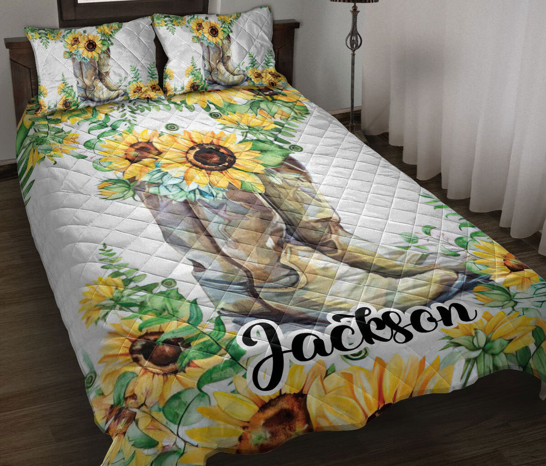 Ohaprints-Quilt-Bed-Set-Pillowcase-Cowboy-Cowgirl-Boots-Sunflower-Floral-Pattern-White-Custom-Personalized-Name-Blanket-Bedspread-Bedding-2958-Throw (55'' x 60'')