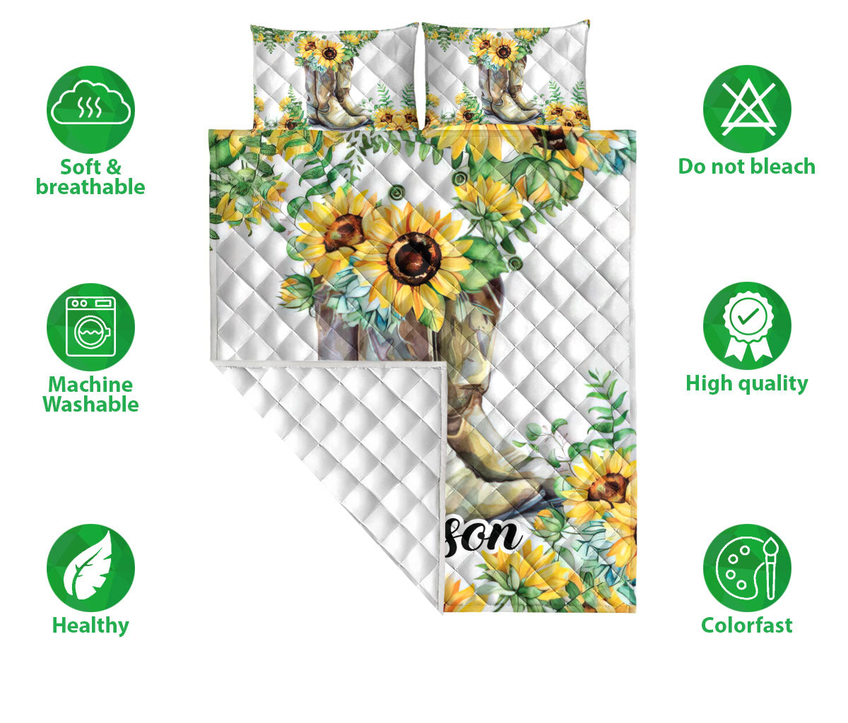 Ohaprints-Quilt-Bed-Set-Pillowcase-Cowboy-Cowgirl-Boots-Sunflower-Floral-Pattern-White-Custom-Personalized-Name-Blanket-Bedspread-Bedding-2958-Double (70'' x 80'')