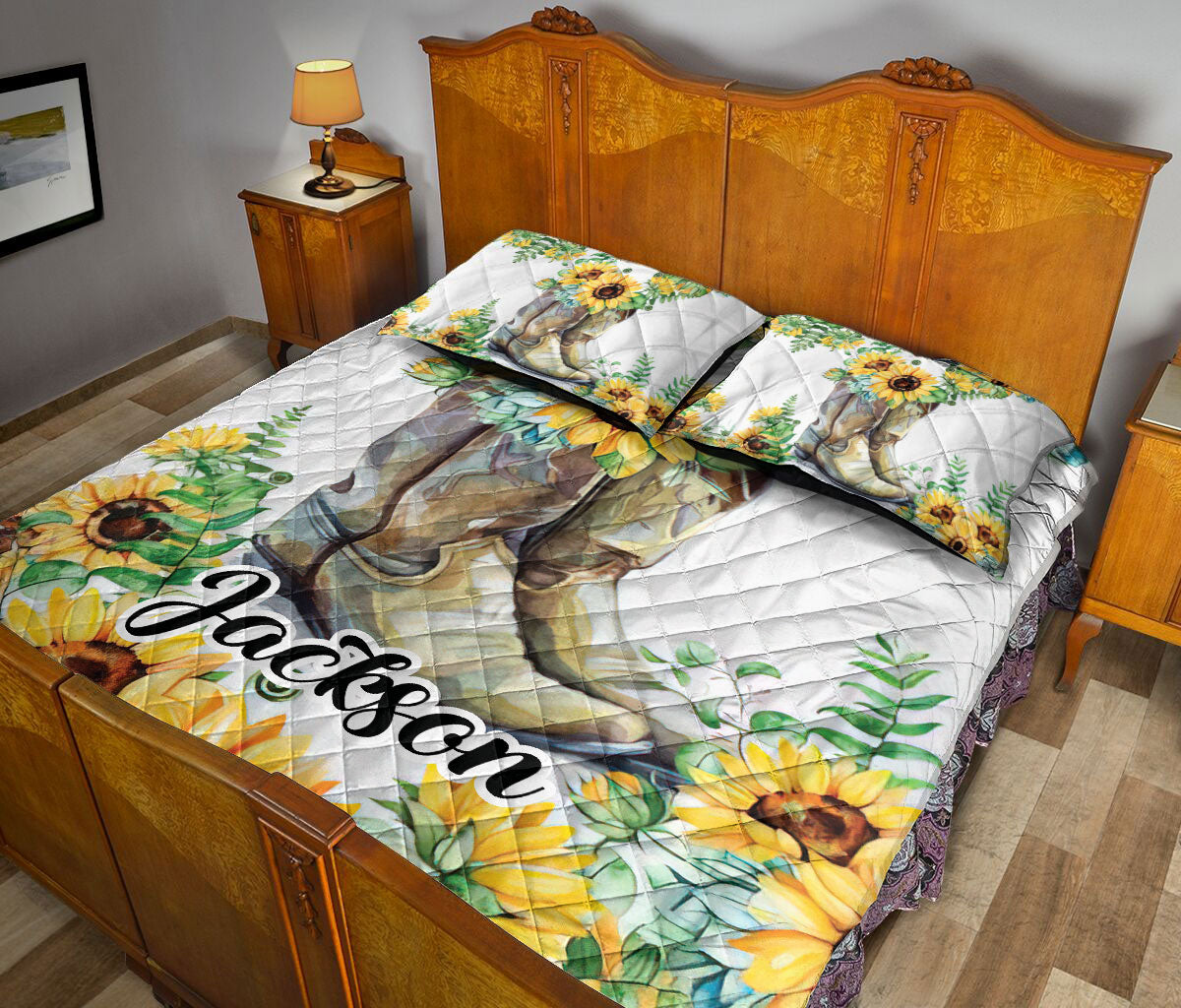 Ohaprints-Quilt-Bed-Set-Pillowcase-Cowboy-Cowgirl-Boots-Sunflower-Floral-Pattern-White-Custom-Personalized-Name-Blanket-Bedspread-Bedding-2958-Queen (80'' x 90'')