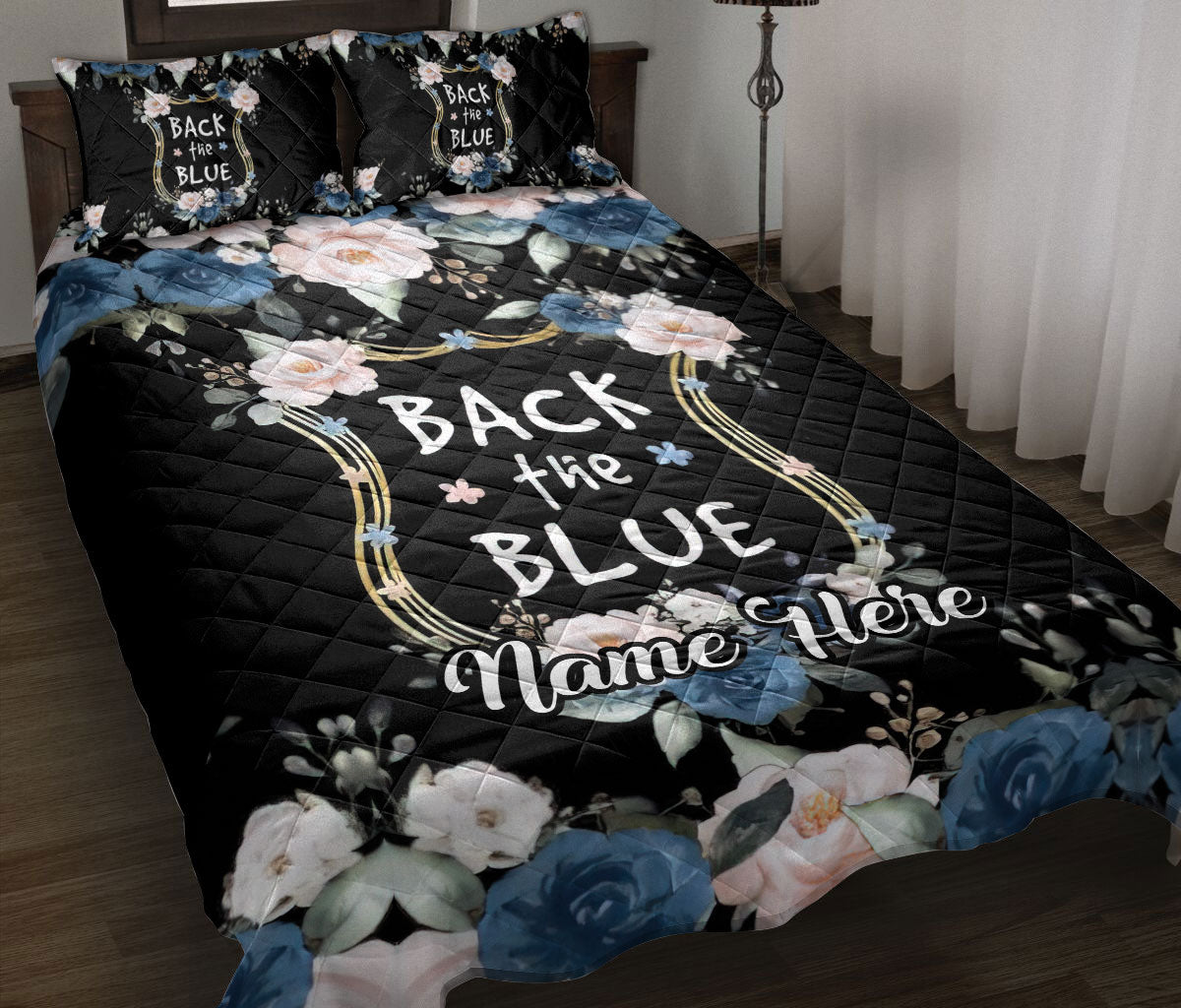 Ohaprints-Quilt-Bed-Set-Pillowcase-Police-Back-The-Blue-Thin-Blue-Line-Floral-Black-Custom-Personalized-Name-Blanket-Bedspread-Bedding-1882-Throw (55'' x 60'')