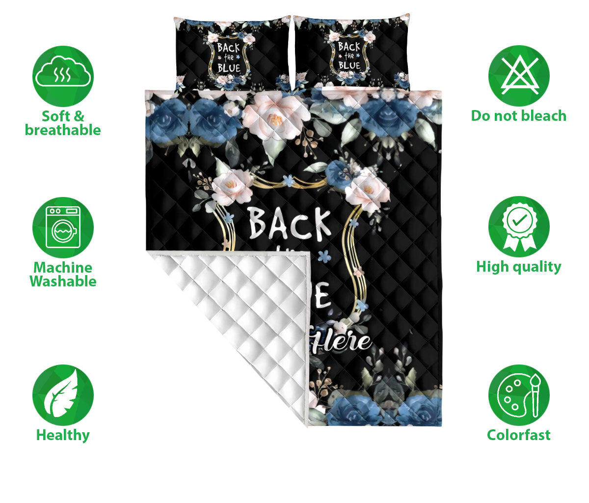 Ohaprints-Quilt-Bed-Set-Pillowcase-Police-Back-The-Blue-Thin-Blue-Line-Floral-Black-Custom-Personalized-Name-Blanket-Bedspread-Bedding-1882-Double (70'' x 80'')