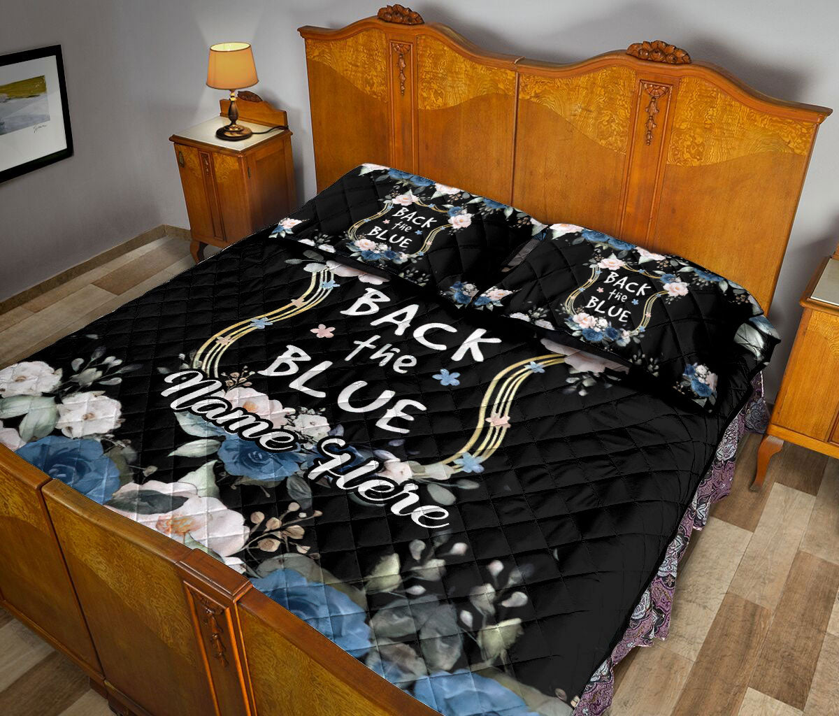 Ohaprints-Quilt-Bed-Set-Pillowcase-Police-Back-The-Blue-Thin-Blue-Line-Floral-Black-Custom-Personalized-Name-Blanket-Bedspread-Bedding-1882-Queen (80'' x 90'')