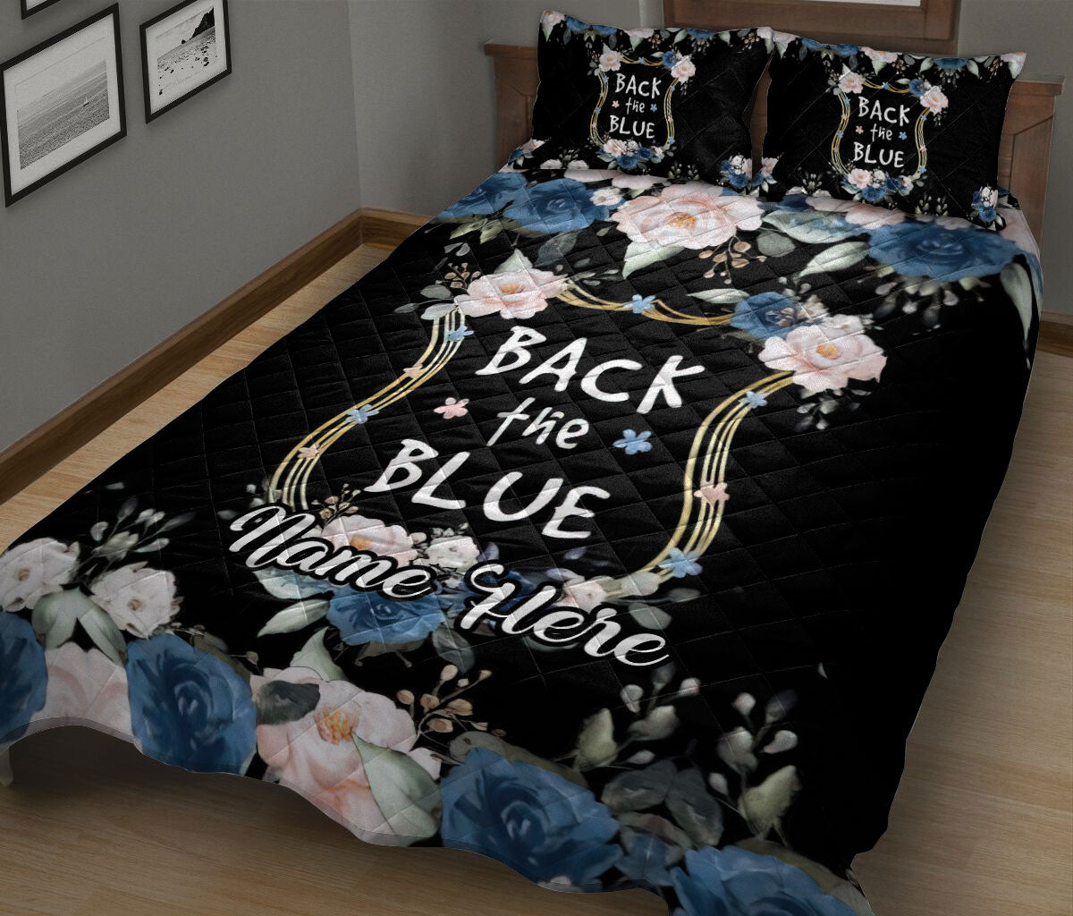 Ohaprints-Quilt-Bed-Set-Pillowcase-Police-Back-The-Blue-Thin-Blue-Line-Floral-Black-Custom-Personalized-Name-Blanket-Bedspread-Bedding-1882-King (90'' x 100'')