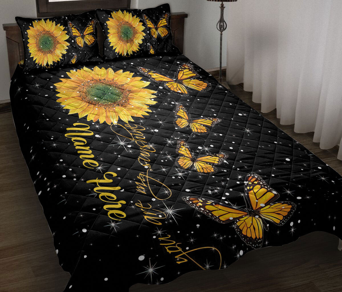 Ohaprints-Quilt-Bed-Set-Pillowcase-Butterfly-Sunflower-Floral-Yellow-&-Black-Pattern-Custom-Personalized-Name-Blanket-Bedspread-Bedding-1883-Throw (55'' x 60'')