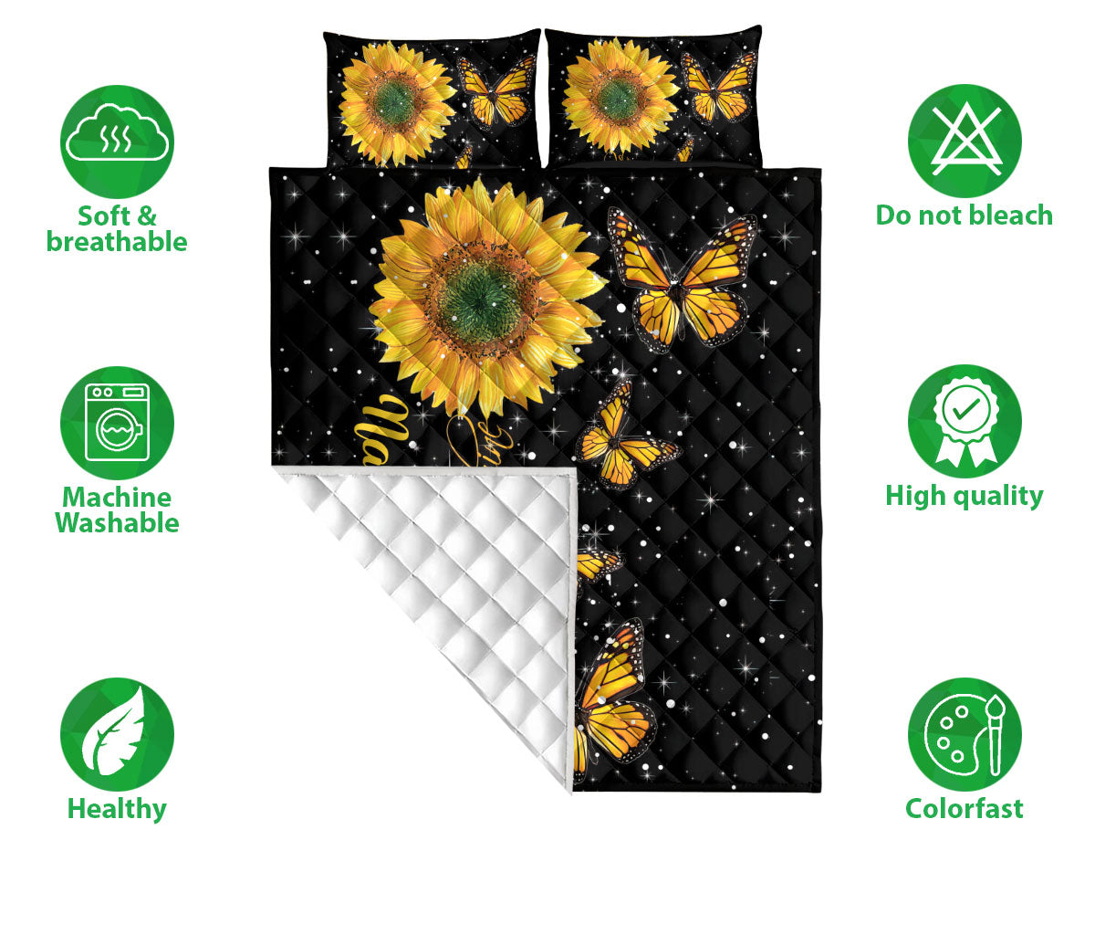 Ohaprints-Quilt-Bed-Set-Pillowcase-Butterfly-Sunflower-Floral-Yellow-&-Black-Pattern-Custom-Personalized-Name-Blanket-Bedspread-Bedding-1883-Double (70'' x 80'')