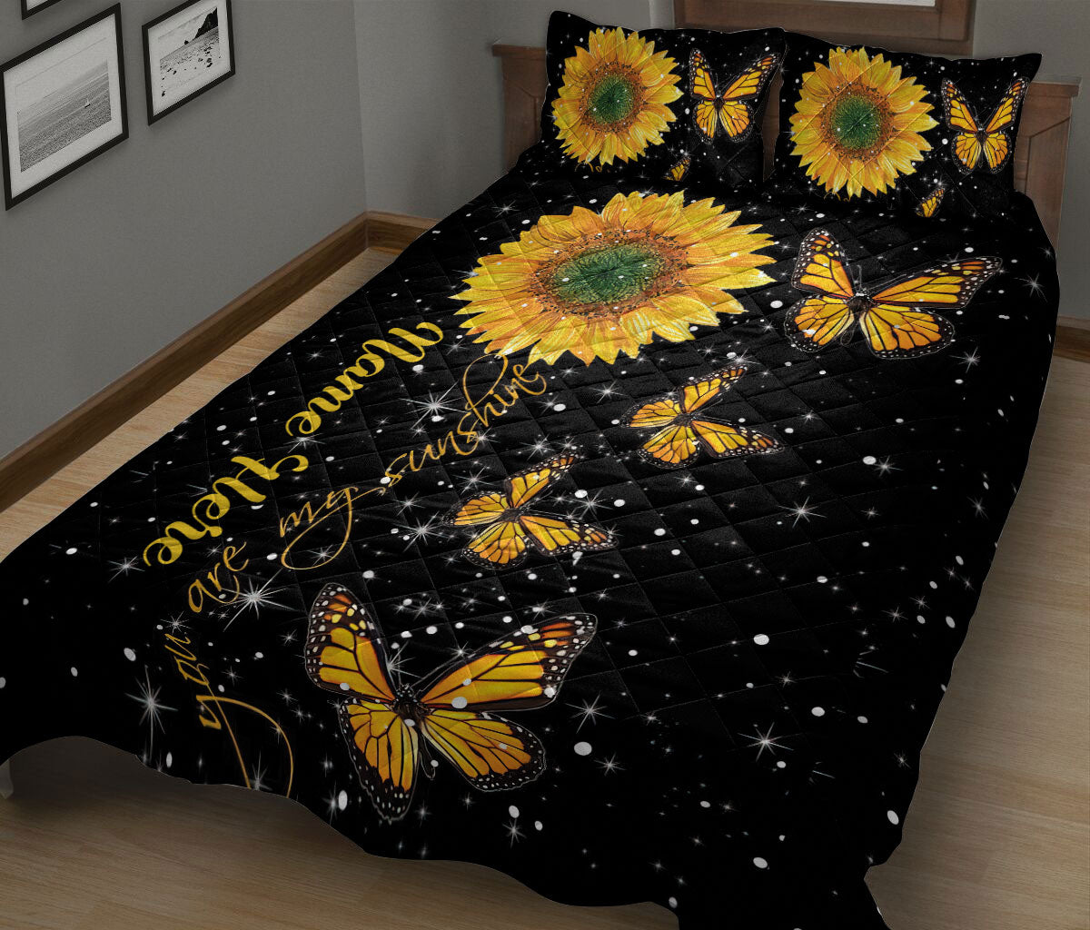 Ohaprints-Quilt-Bed-Set-Pillowcase-Butterfly-Sunflower-Floral-Yellow-&-Black-Pattern-Custom-Personalized-Name-Blanket-Bedspread-Bedding-1883-King (90'' x 100'')