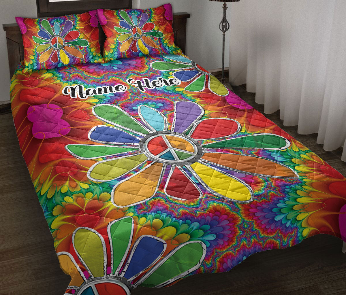 Ohaprints-Quilt-Bed-Set-Pillowcase-Hippie-Peace-Sign-Colorful-Daisy-Floral-Boho-Pattern-Custom-Personalized-Name-Blanket-Bedspread-Bedding-673-Throw (55'' x 60'')