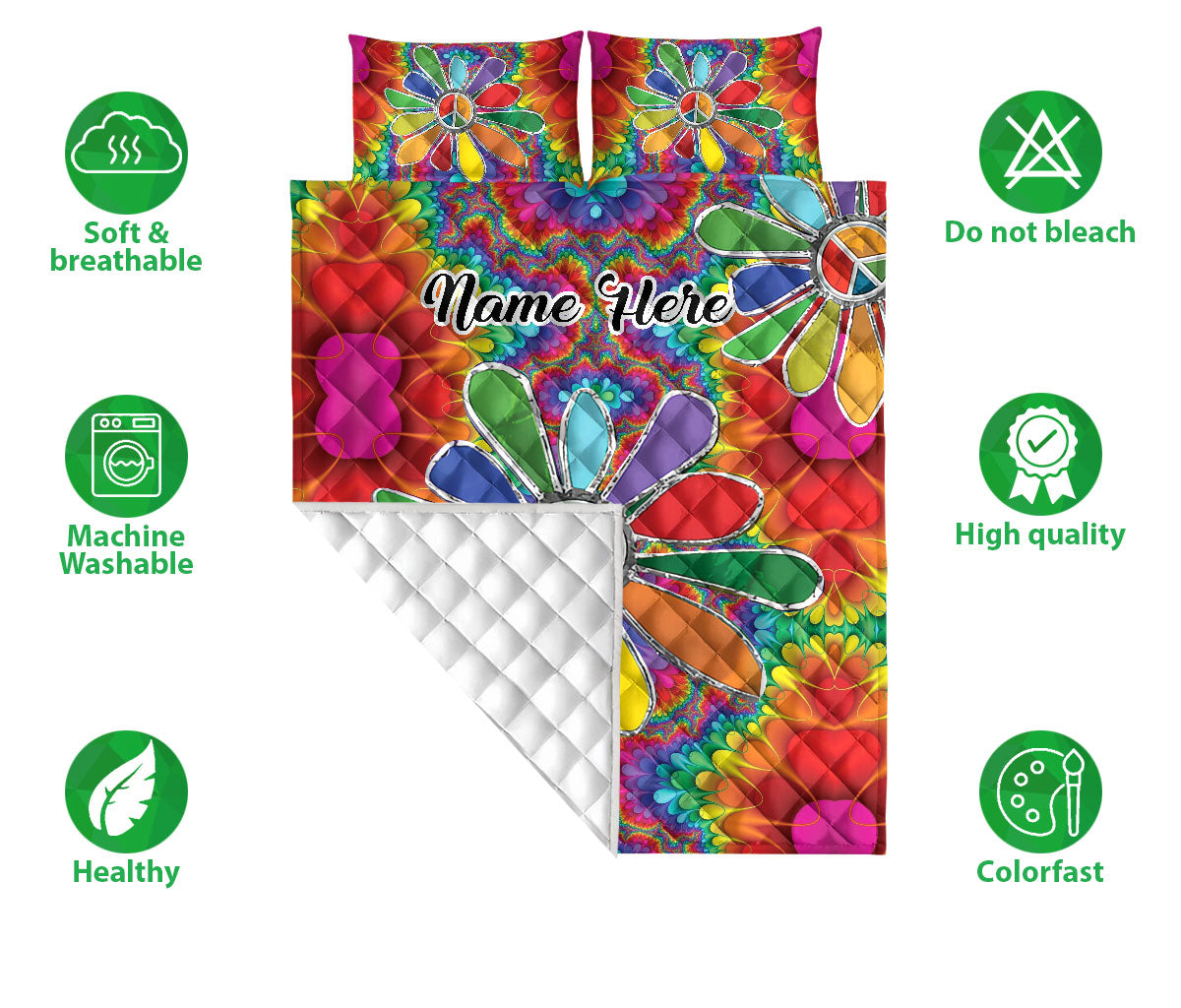 Ohaprints-Quilt-Bed-Set-Pillowcase-Hippie-Peace-Sign-Colorful-Daisy-Floral-Boho-Pattern-Custom-Personalized-Name-Blanket-Bedspread-Bedding-673-Double (70'' x 80'')
