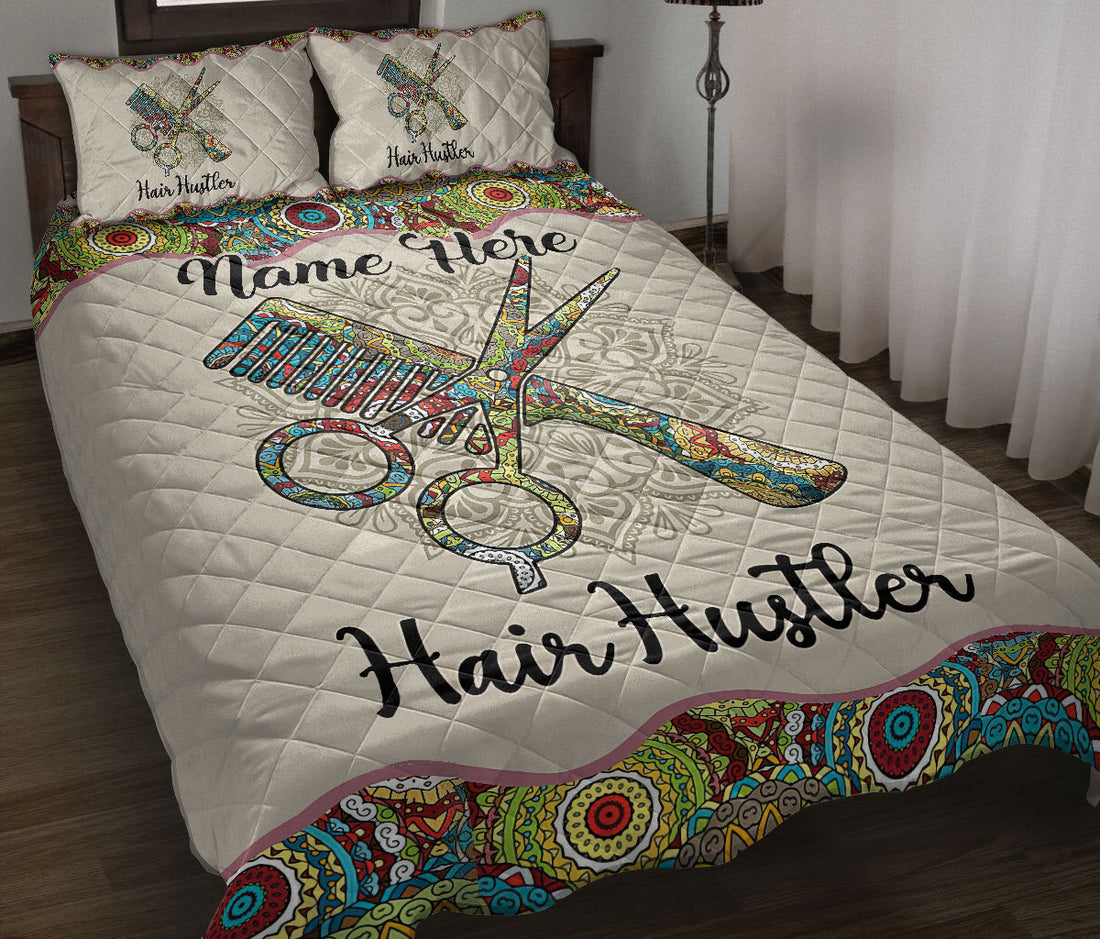 Ohaprints-Quilt-Bed-Set-Pillowcase-Hair-Hustler-Hairdresser-Mandala-Floral-Pattern-Custom-Personalized-Name-Blanket-Bedspread-Bedding-2472-Throw (55'' x 60'')