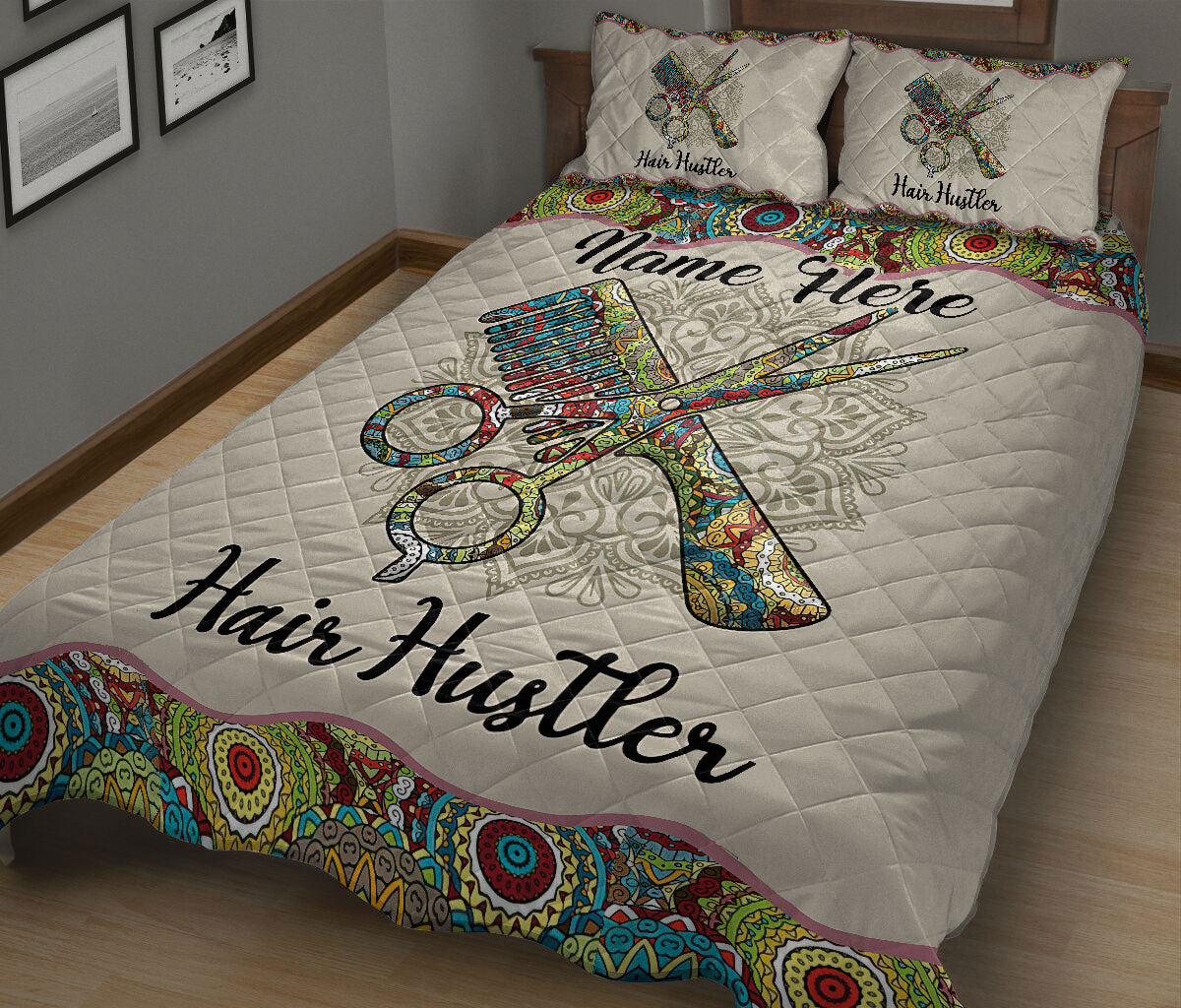 Ohaprints-Quilt-Bed-Set-Pillowcase-Hair-Hustler-Hairdresser-Mandala-Floral-Pattern-Custom-Personalized-Name-Blanket-Bedspread-Bedding-2472-King (90'' x 100'')