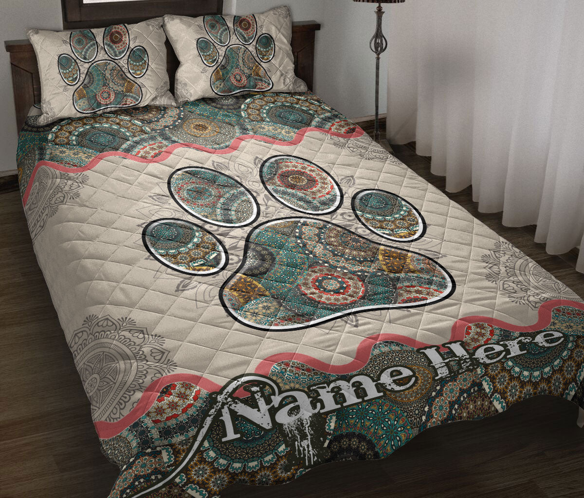 Ohaprints-Quilt-Bed-Set-Pillowcase-Dog-Cat-Paw-Mandala-Floral-Pattern-Gift-For-Pet-Lover-Custom-Personalized-Name-Blanket-Bedspread-Bedding-863-Throw (55'' x 60'')