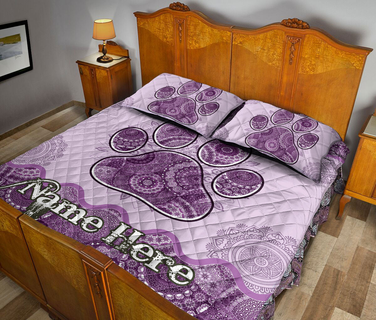 Ohaprints-Quilt-Bed-Set-Pillowcase-Dog-Cat-Paw-Purple-Mandala-Floral-Gift-For-Pet-Lover-Custom-Personalized-Name-Blanket-Bedspread-Bedding-2257-Queen (80'' x 90'')