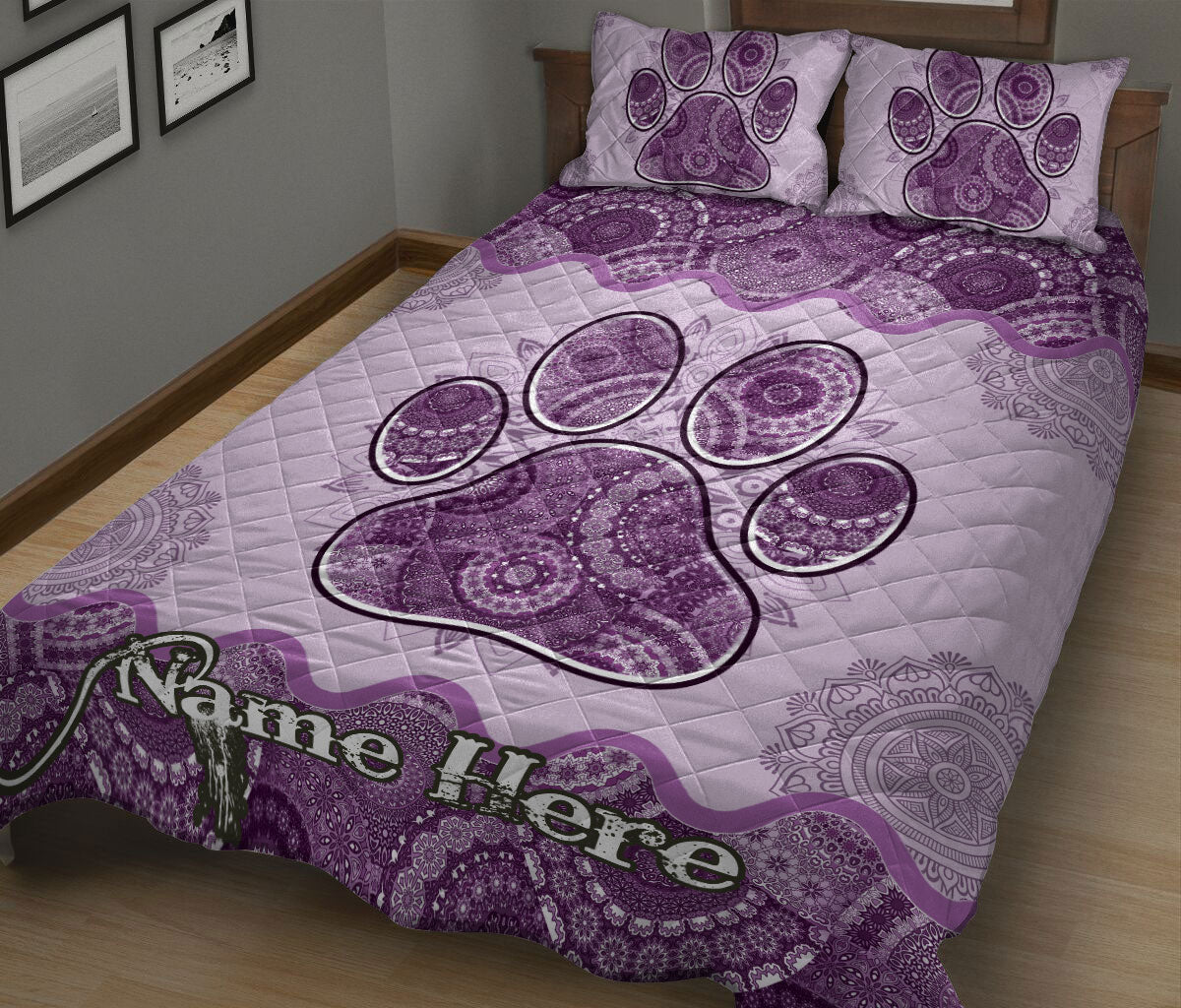 Ohaprints-Quilt-Bed-Set-Pillowcase-Dog-Cat-Paw-Purple-Mandala-Floral-Gift-For-Pet-Lover-Custom-Personalized-Name-Blanket-Bedspread-Bedding-2257-King (90'' x 100'')