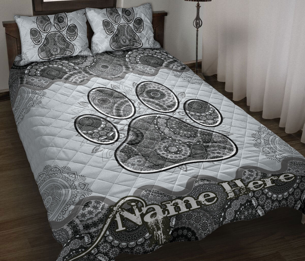 Ohaprints-Quilt-Bed-Set-Pillowcase-Dog-Cat-Paw-Grey-Mandala-Floral-Gift-For-Pet-Lover-Custom-Personalized-Name-Blanket-Bedspread-Bedding-1443-Throw (55'' x 60'')