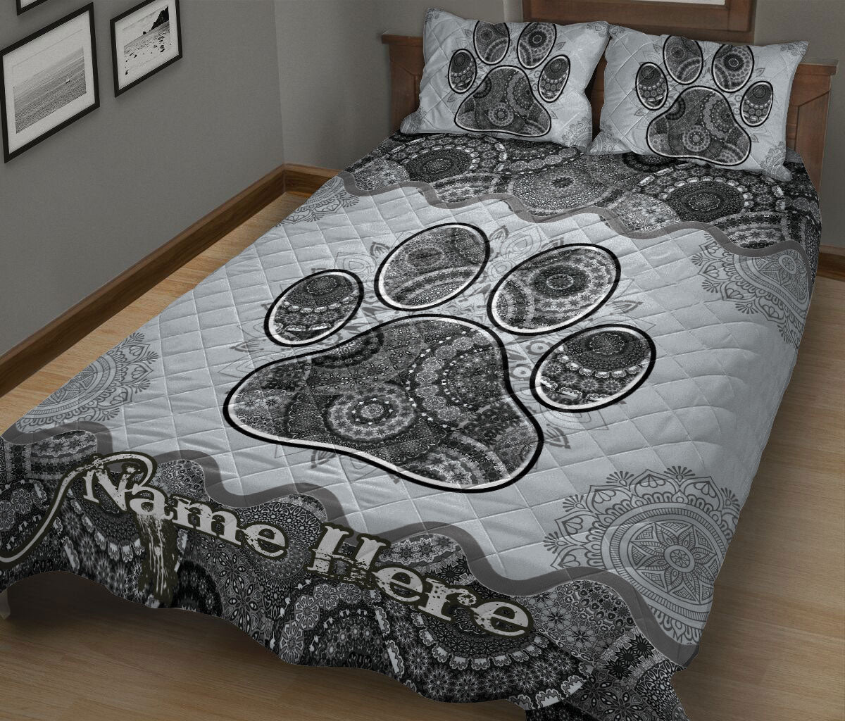 Ohaprints-Quilt-Bed-Set-Pillowcase-Dog-Cat-Paw-Grey-Mandala-Floral-Gift-For-Pet-Lover-Custom-Personalized-Name-Blanket-Bedspread-Bedding-1443-King (90'' x 100'')