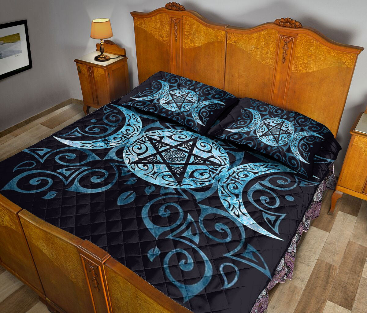 Ohaprints-Quilt-Bed-Set-Pillowcase-Wicca-Triple-Moon-Night-Witch-Witchcraft-Mystery-Blue-Pattern-Unique-Gift-Blanket-Bedspread-Bedding-2029-Queen (80'' x 90'')