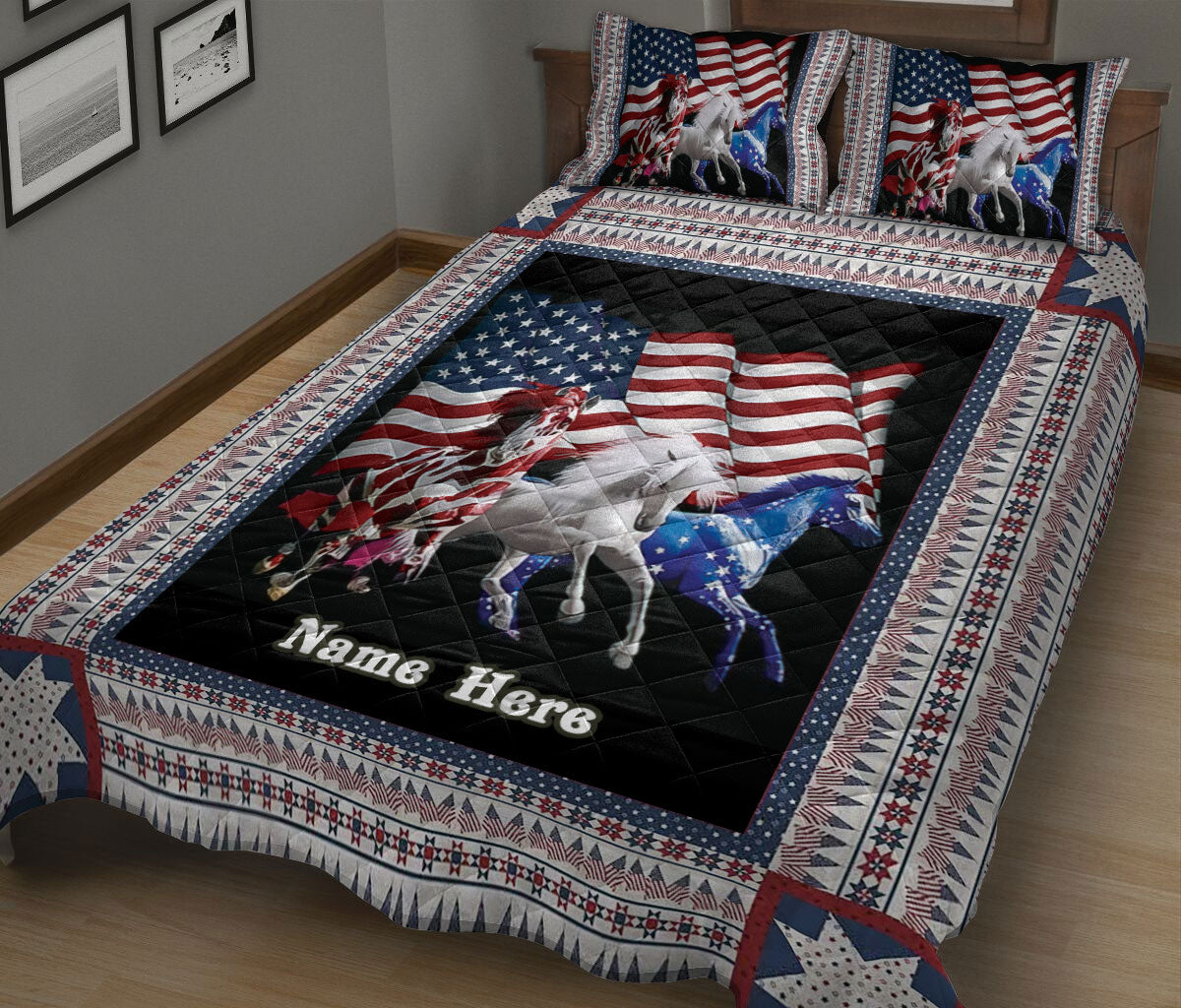 Ohaprints-Quilt-Bed-Set-Pillowcase-Horse-Horses-American-Us-Flag-Patriotic-4-Of-July-Custom-Personalized-Name-Blanket-Bedspread-Bedding-864-King (90'' x 100'')