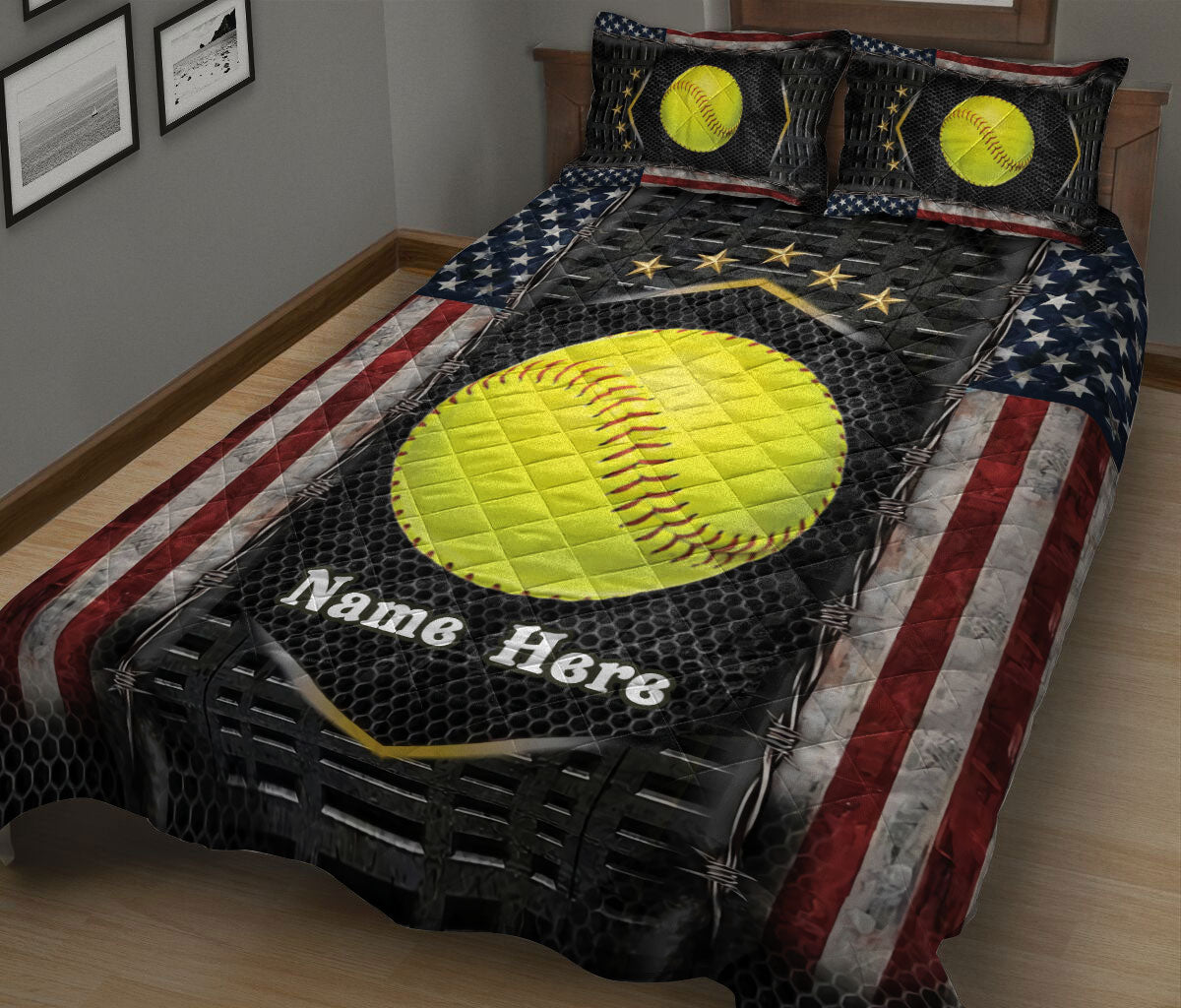 Ohaprints-Quilt-Bed-Set-Pillowcase-Softball-American-Flag-Sports-Lover-Gift-Custom-Personalized-Name-Blanket-Bedspread-Bedding-2368-King (90'' x 100'')