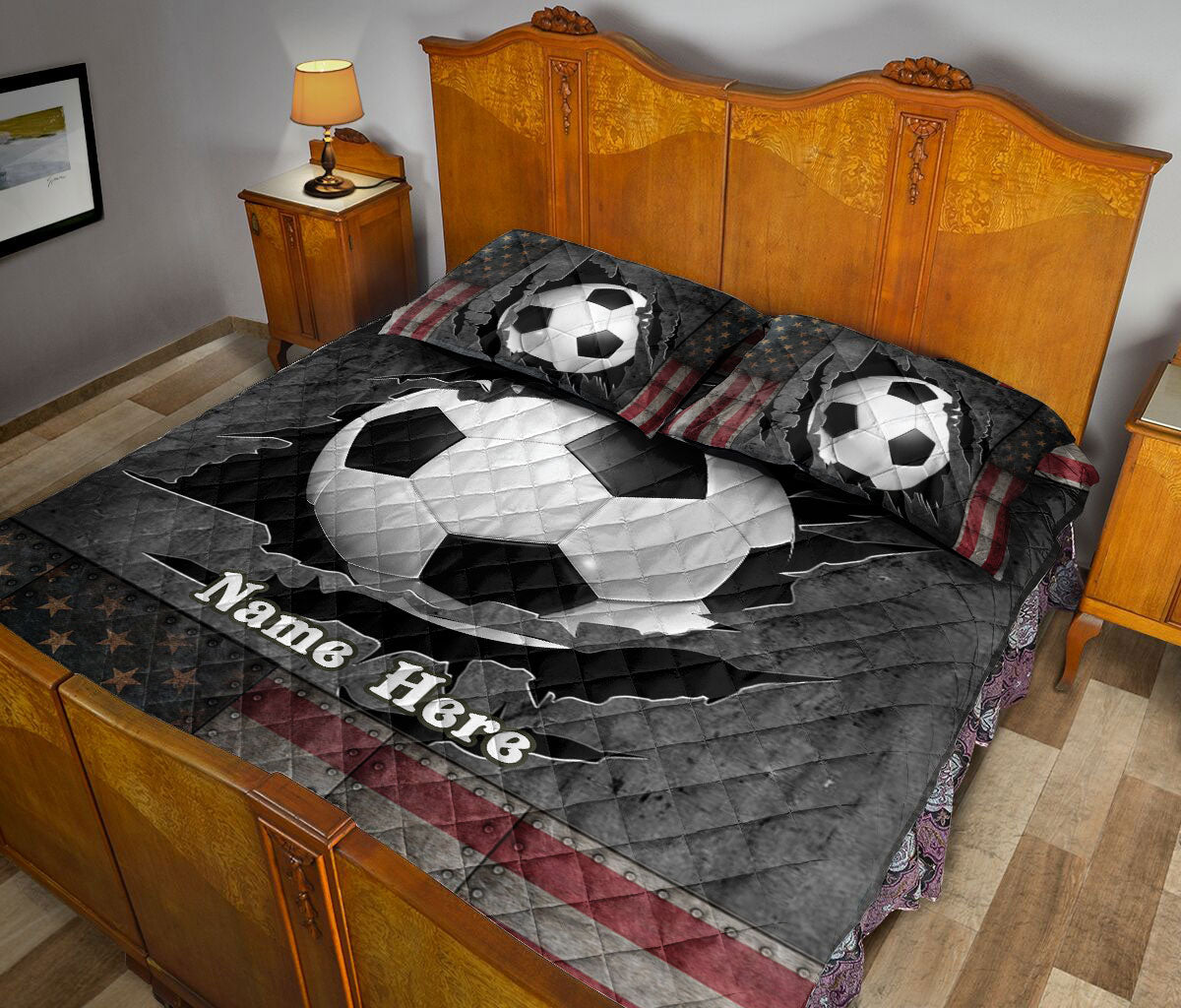 Ohaprints-Quilt-Bed-Set-Pillowcase-Soccer-American-Flag-Crack-Sports-Lover-Gift-Custom-Personalized-Name-Blanket-Bedspread-Bedding-606-Queen (80'' x 90'')