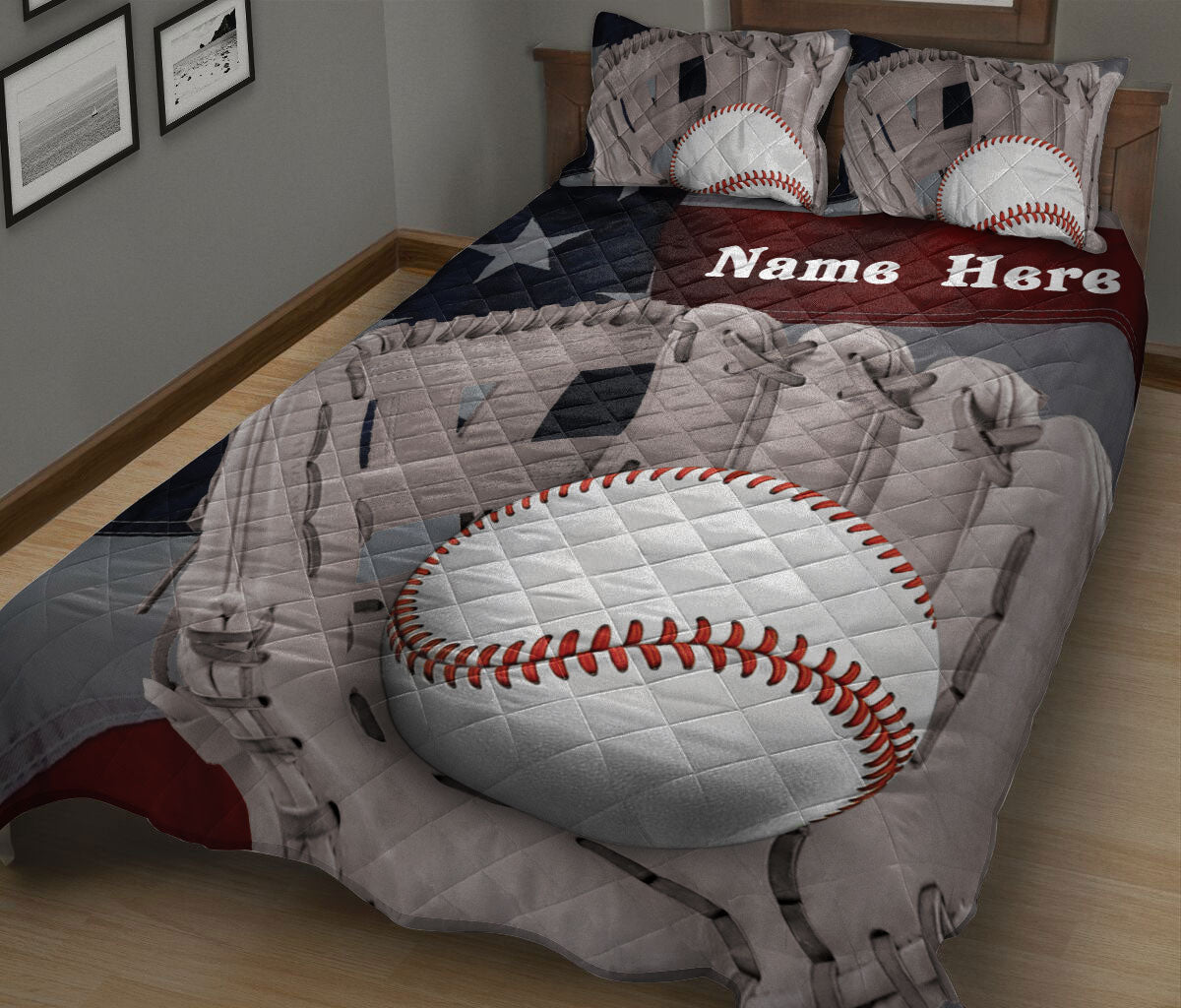 Ohaprints-Quilt-Bed-Set-Pillowcase-Baseball-Gloves-American-Flag-Brown-Sports-Lover-Custom-Personalized-Name-Blanket-Bedspread-Bedding-2369-King (90'' x 100'')