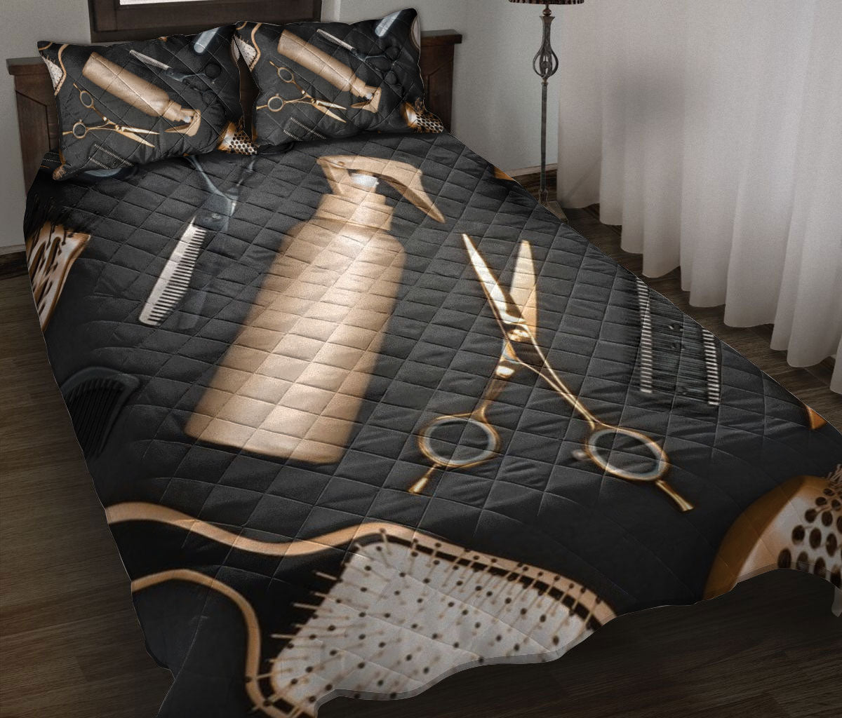 Ohaprints-Quilt-Bed-Set-Pillowcase-Hairdresser-Metal-Tools-Pattern-Black-&-Golden-Unique-Gift-For-Hairdresser-Blanket-Bedspread-Bedding-869-Throw (55'' x 60'')