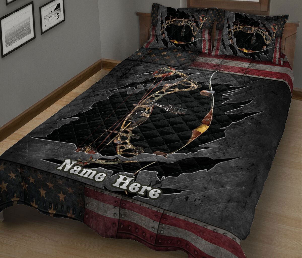 Ohaprints-Quilt-Bed-Set-Pillowcase-Deer-Hunting-American-Flag-With-Camo-Pattern-Custom-Personalized-Name-Blanket-Bedspread-Bedding-1782-King (90'' x 100'')