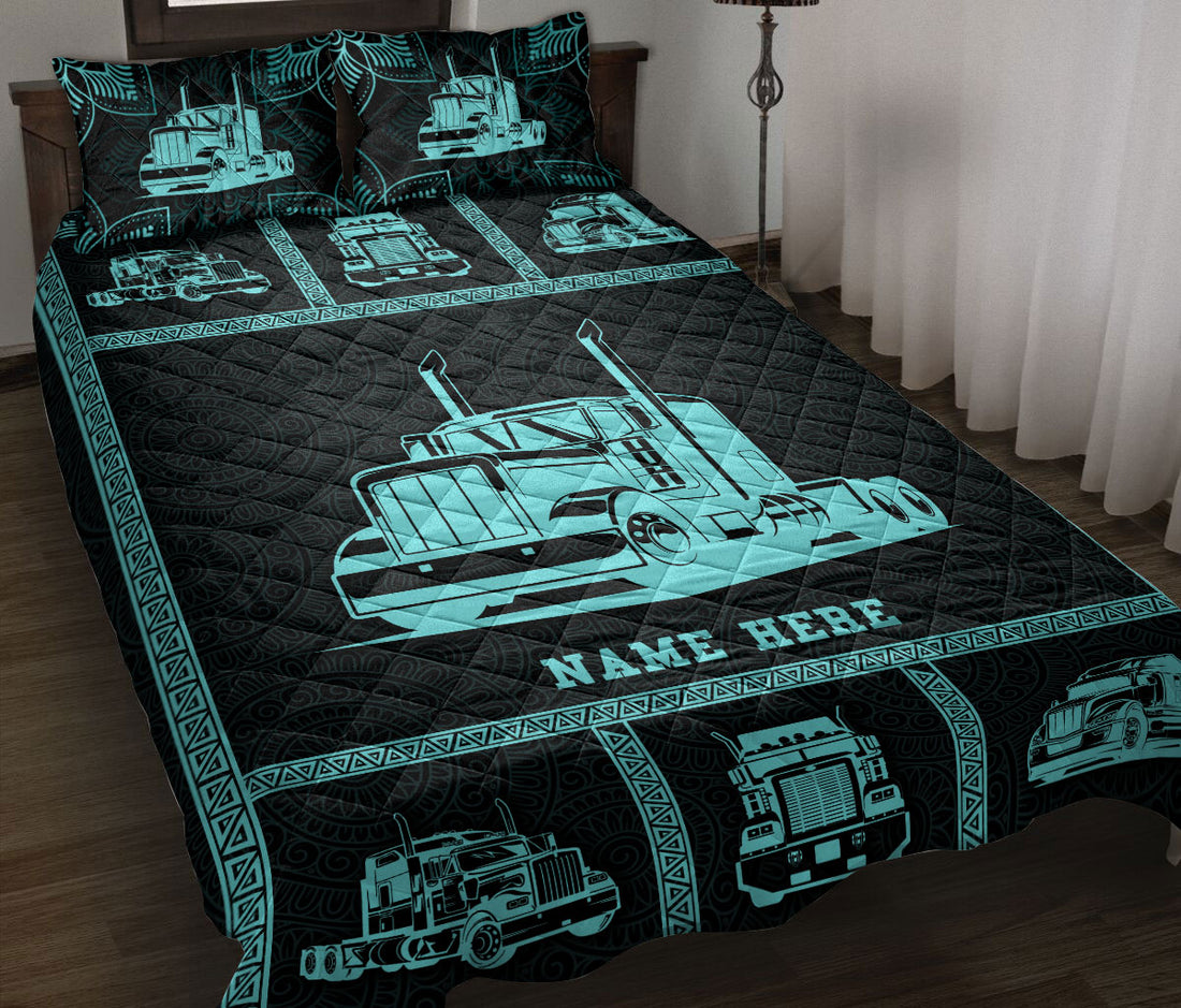 Ohaprints-Quilt-Bed-Set-Pillowcase-Truck-Blue-Patchwork-Pattern-Trucker-Gift-Custom-Personalized-Name-Blanket-Bedspread-Bedding-3492-Throw (55'' x 60'')