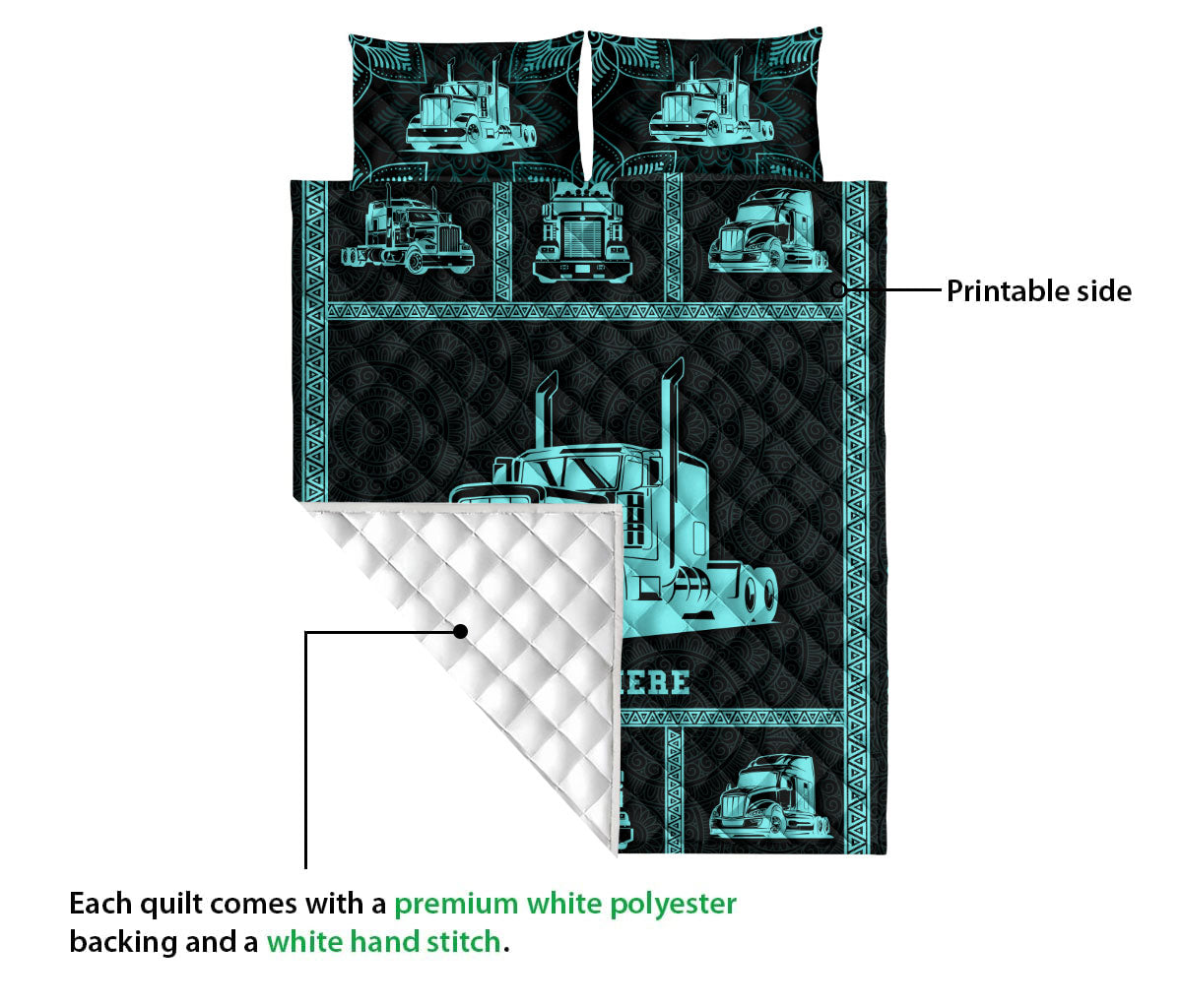 Ohaprints-Quilt-Bed-Set-Pillowcase-Truck-Blue-Patchwork-Pattern-Trucker-Gift-Custom-Personalized-Name-Blanket-Bedspread-Bedding-3492-Queen (80'' x 90'')