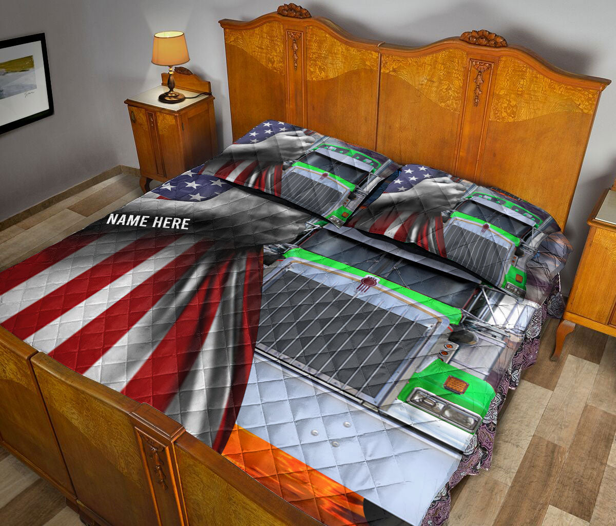 Ohaprints-Quilt-Bed-Set-Pillowcase-Green-Truck-Unique-Gift-For-Trucker-Driver-Custom-Personalized-Name-Blanket-Bedspread-Bedding-3493-King (90'' x 100'')