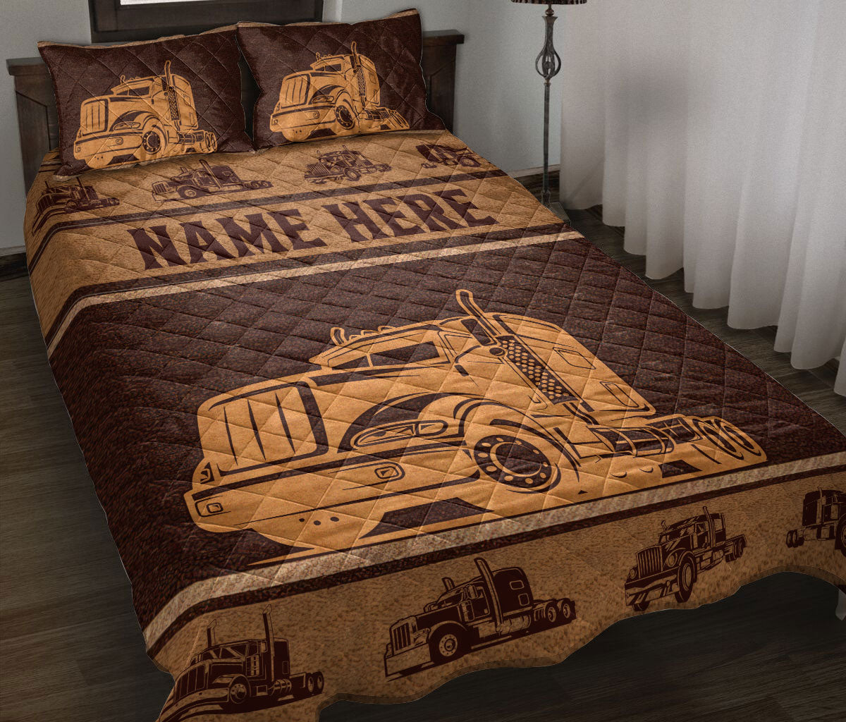 Ohaprints-Quilt-Bed-Set-Pillowcase-Truck-Brown-Pattern-Gift-For-Trucker-Driver-Custom-Personalized-Name-Blanket-Bedspread-Bedding-3496-Throw (55'' x 60'')