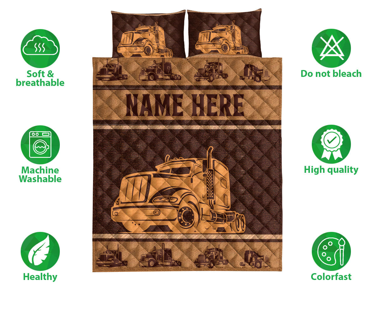 Ohaprints-Quilt-Bed-Set-Pillowcase-Truck-Brown-Pattern-Gift-For-Trucker-Driver-Custom-Personalized-Name-Blanket-Bedspread-Bedding-3496-Double (70'' x 80'')