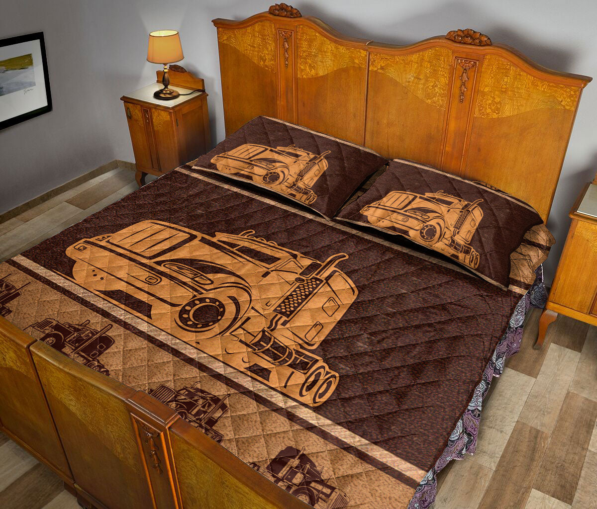 Ohaprints-Quilt-Bed-Set-Pillowcase-Truck-Brown-Pattern-Gift-For-Trucker-Driver-Custom-Personalized-Name-Blanket-Bedspread-Bedding-3496-King (90'' x 100'')