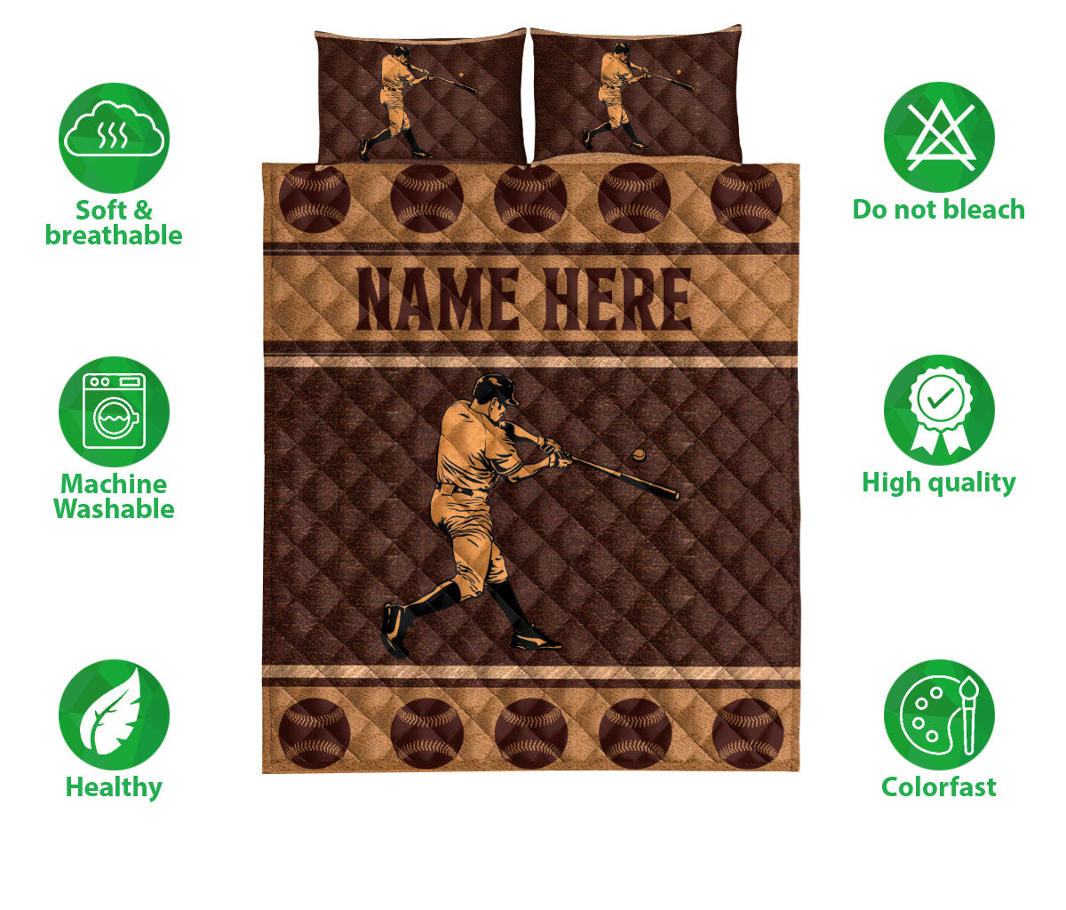 Ohaprints-Quilt-Bed-Set-Pillowcase-Baseball-Batter-Brown-Pattern-Gift-For-Sport-Lover-Custom-Personalized-Name-Blanket-Bedspread-Bedding-3190-Double (70'' x 80'')