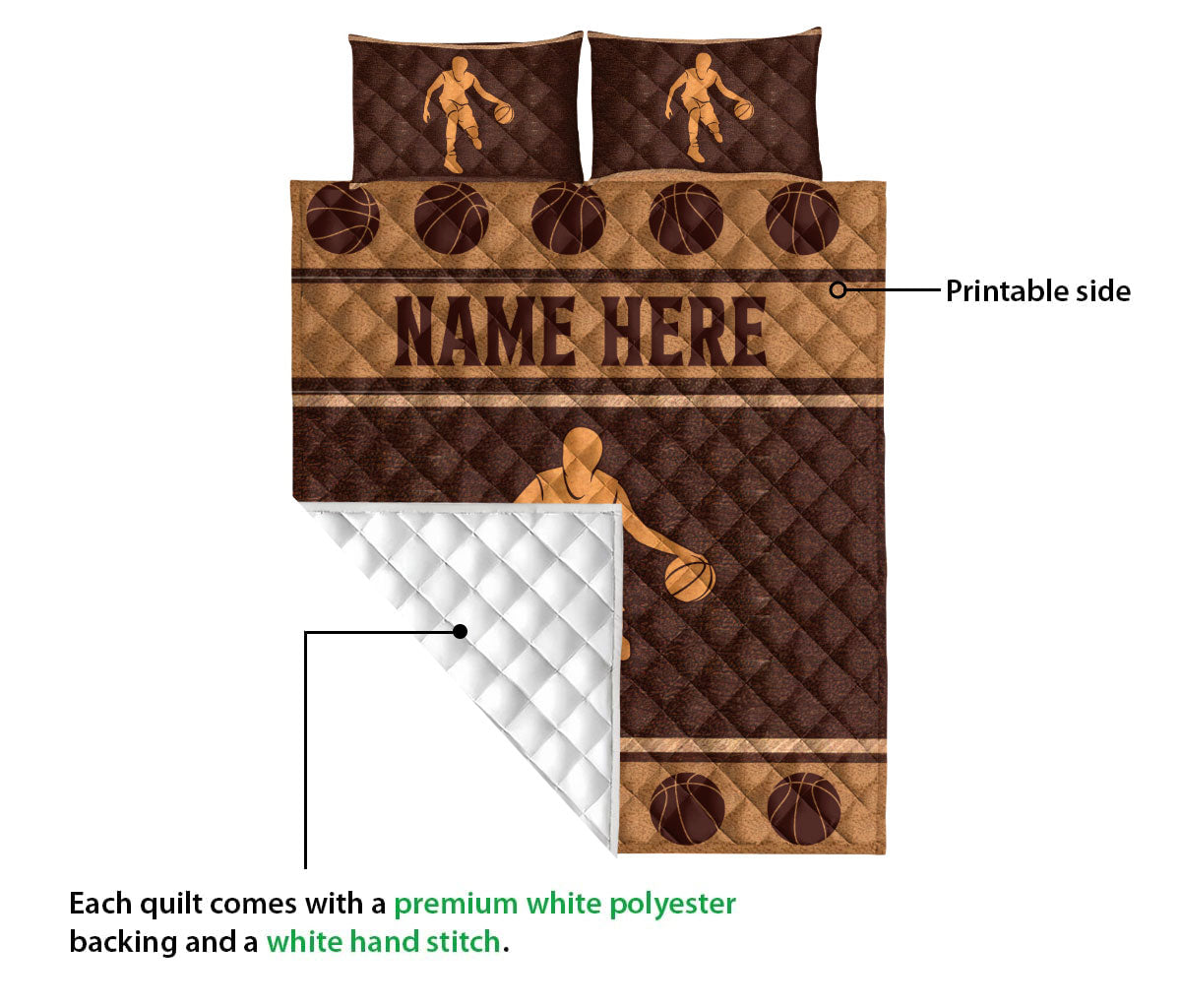 Ohaprints-Quilt-Bed-Set-Pillowcase-Basketball-Brown-Pattern-Gift-For-Sport-Custom-Personalized-Name-Blanket-Bedspread-Bedding-3397-Queen (80'' x 90'')