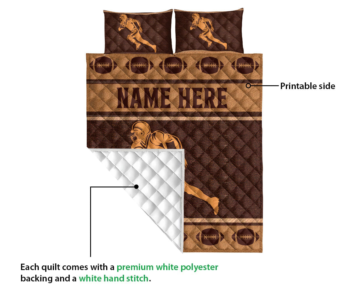 Ohaprints-Quilt-Bed-Set-Pillowcase-Football-Player-Brown-Pattern-Gift-For-Sport-Lover-Custom-Personalized-Name-Blanket-Bedspread-Bedding-3136-Queen (80'' x 90'')