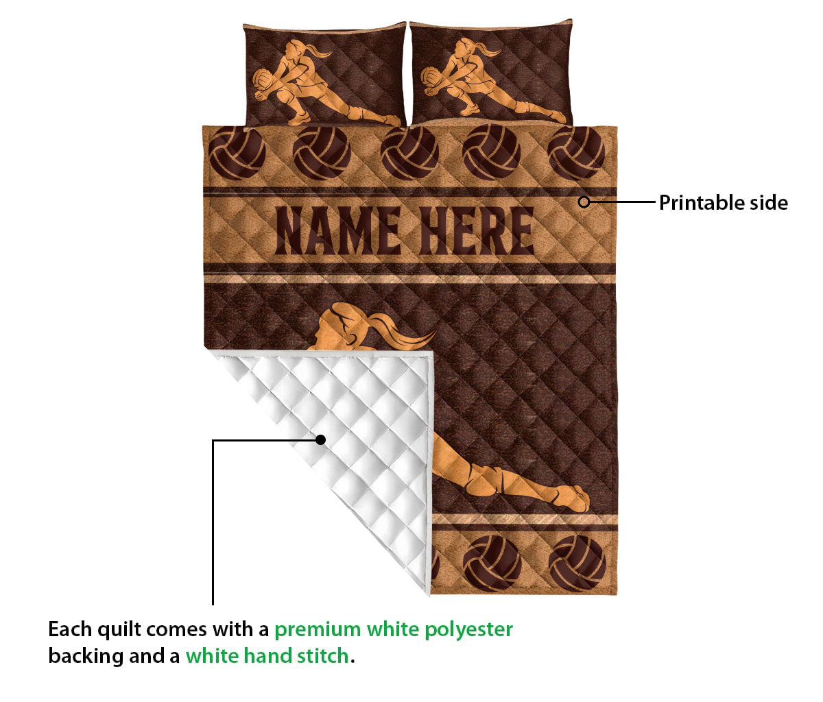 Ohaprints-Quilt-Bed-Set-Pillowcase-Volleyball-Player-Brown-Gift-Sport-Lover-Custom-Personalized-Name-Blanket-Bedspread-Bedding-3421-Queen (80'' x 90'')