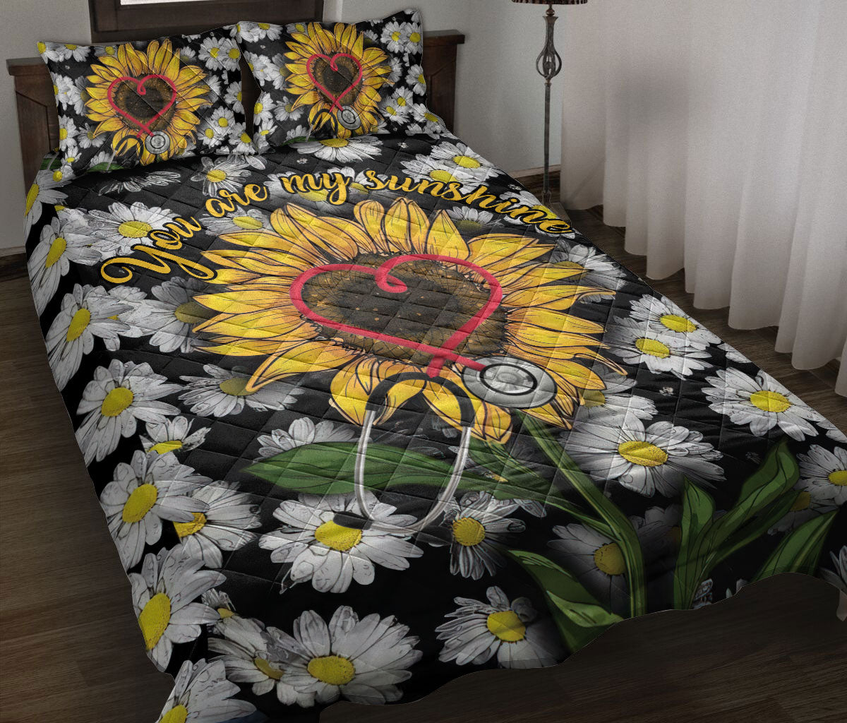 Ohaprints-Quilt-Bed-Set-Pillowcase-Nurse-Scrub-Life-You-Are-My-Sunshine-Daisy-Sunflower-Floral-Gift-For-Nurse-Blanket-Bedspread-Bedding-871-Throw (55'' x 60'')