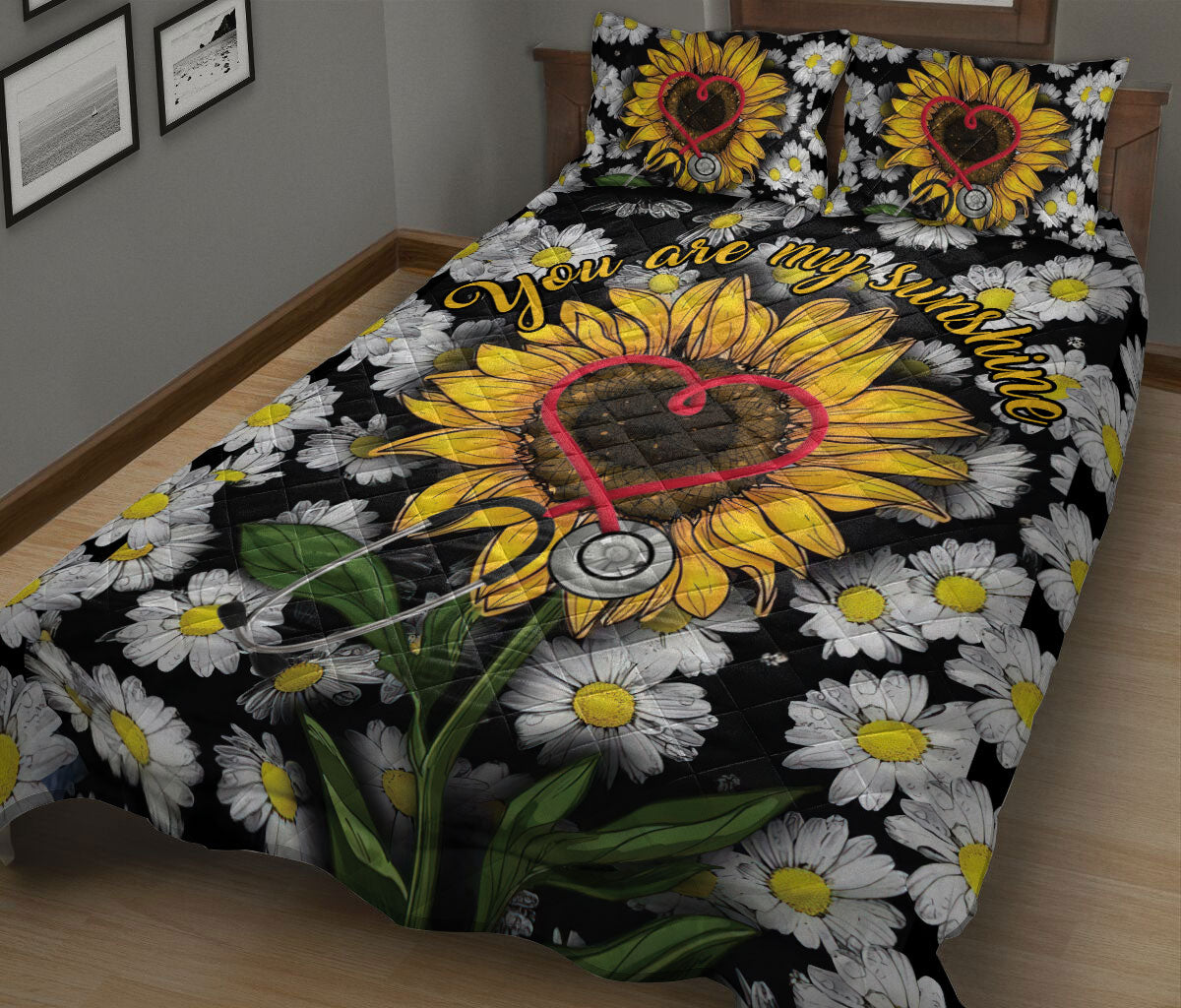 Ohaprints-Quilt-Bed-Set-Pillowcase-Nurse-Scrub-Life-You-Are-My-Sunshine-Daisy-Sunflower-Floral-Gift-For-Nurse-Blanket-Bedspread-Bedding-871-King (90'' x 100'')