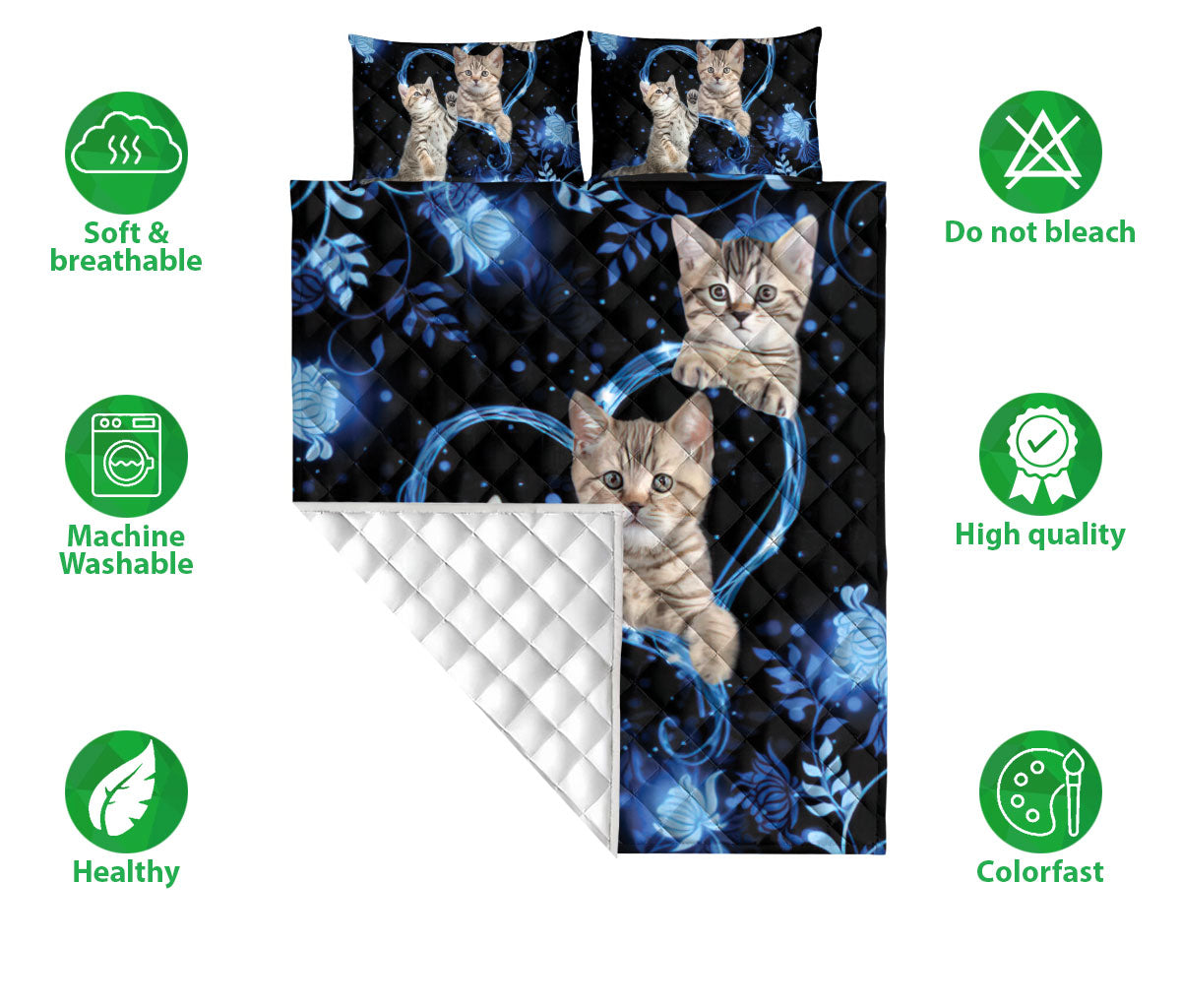 Ohaprints-Quilt-Bed-Set-Pillowcase-Tabby-Cat-Blue-Heart-Floral-Pattern-Unique-Gift-For-Cat-Kitten-Lover-Blanket-Bedspread-Bedding-2037-Double (70'' x 80'')