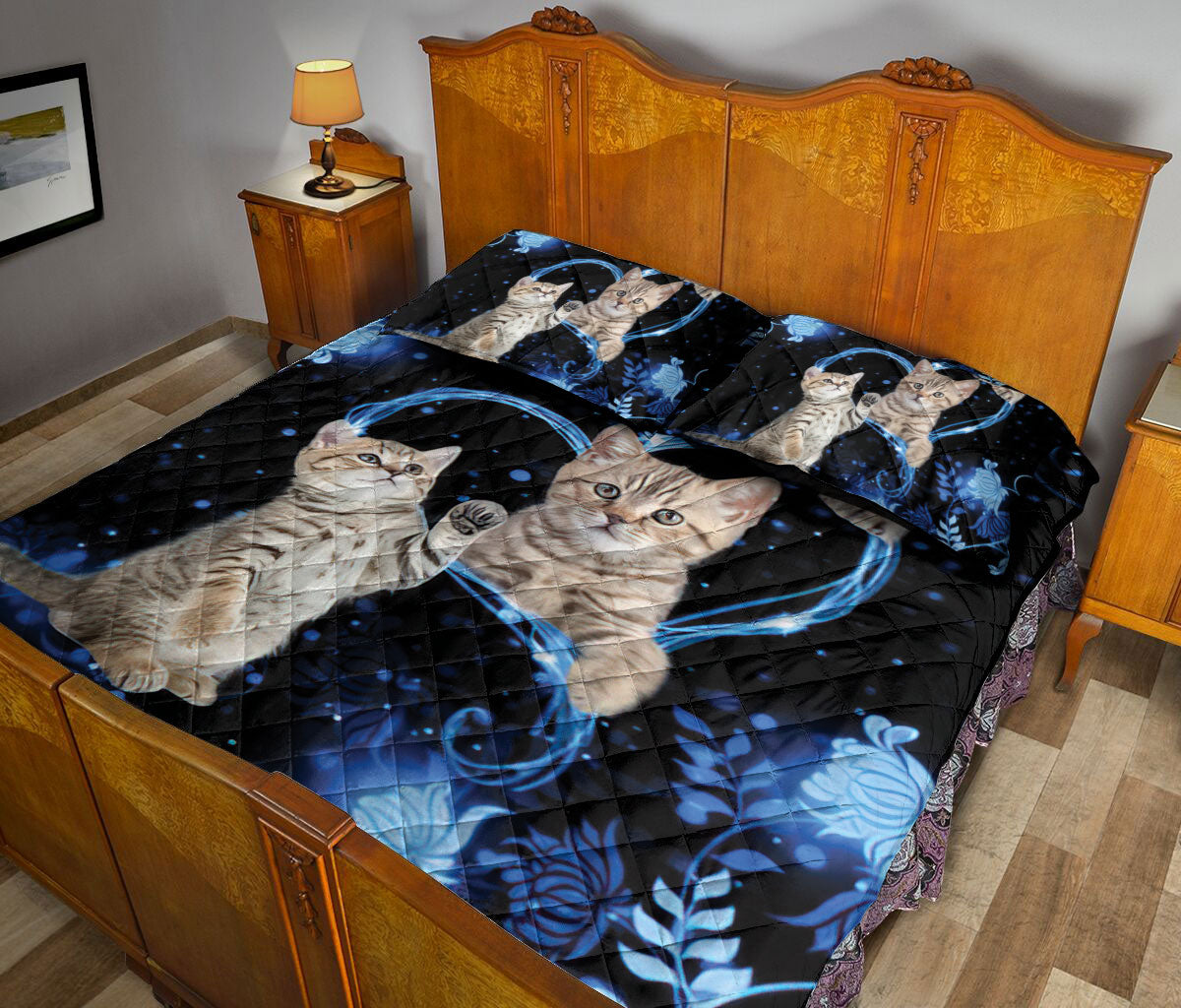 Ohaprints-Quilt-Bed-Set-Pillowcase-Tabby-Cat-Blue-Heart-Floral-Pattern-Unique-Gift-For-Cat-Kitten-Lover-Blanket-Bedspread-Bedding-2037-Queen (80'' x 90'')