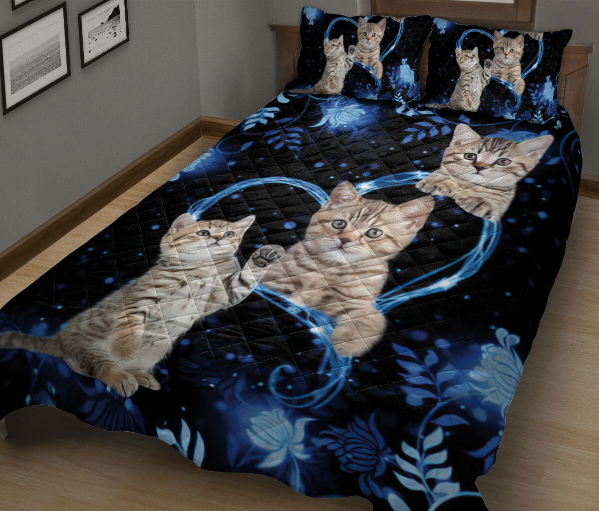 Ohaprints-Quilt-Bed-Set-Pillowcase-Tabby-Cat-Blue-Heart-Floral-Pattern-Unique-Gift-For-Cat-Kitten-Lover-Blanket-Bedspread-Bedding-2037-King (90'' x 100'')