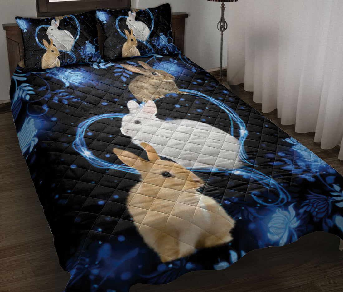 Ohaprints-Quilt-Bed-Set-Pillowcase-Cute-Rabbit-Bunny-Blue-Heart-Floral-Pattern-Unique-Gift-For-Animal-Lover-Blanket-Bedspread-Bedding-2631-Throw (55'' x 60'')