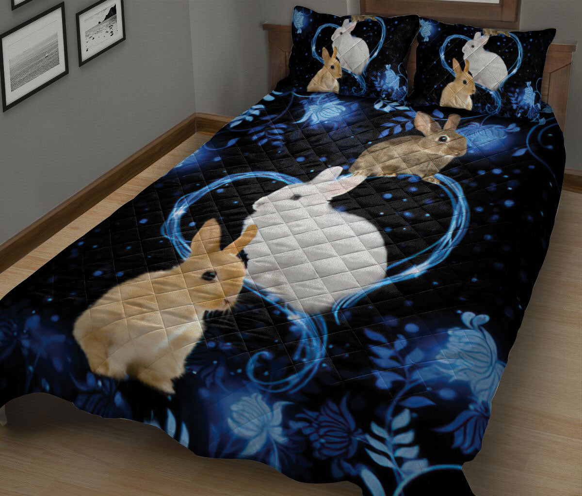 Ohaprints-Quilt-Bed-Set-Pillowcase-Cute-Rabbit-Bunny-Blue-Heart-Floral-Pattern-Unique-Gift-For-Animal-Lover-Blanket-Bedspread-Bedding-2631-King (90'' x 100'')