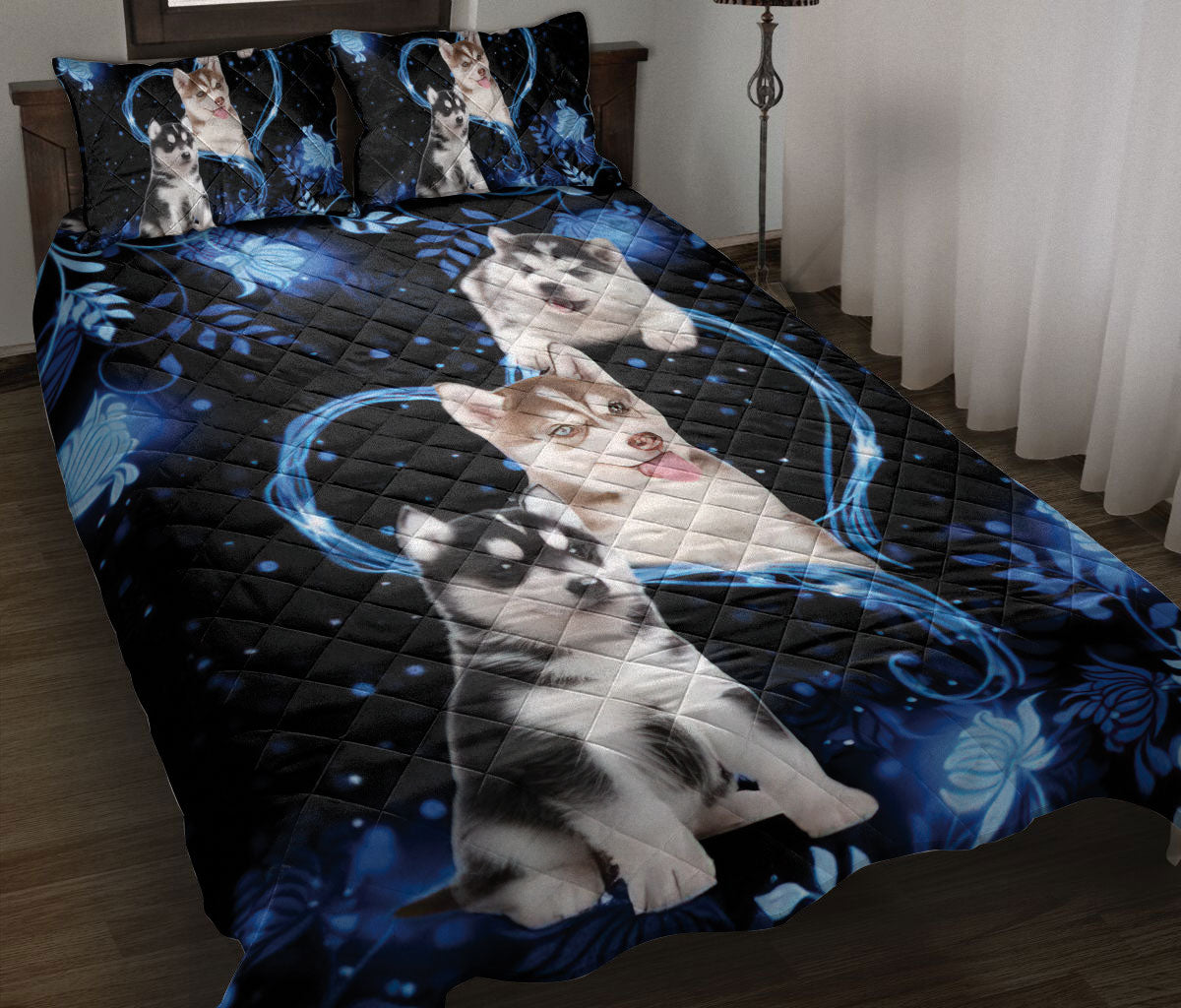 Ohaprints-Quilt-Bed-Set-Pillowcase-Husky-Sibir-Blue-Heart-Floral-Unique-Gift-For-Dog-Puppy-Lover-Blanket-Bedspread-Bedding-872-Throw (55'' x 60'')