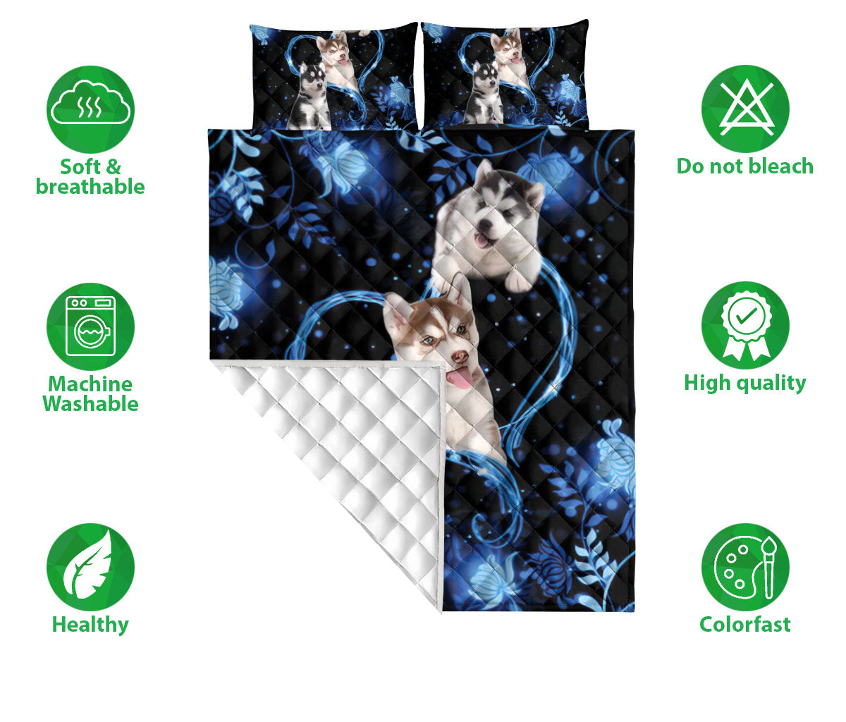 Ohaprints-Quilt-Bed-Set-Pillowcase-Husky-Sibir-Blue-Heart-Floral-Unique-Gift-For-Dog-Puppy-Lover-Blanket-Bedspread-Bedding-872-Double (70'' x 80'')