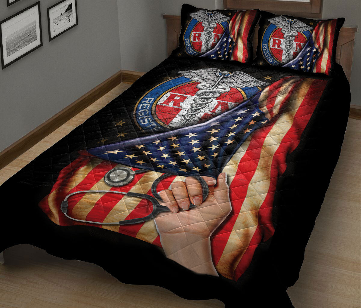 Ohaprints-Quilt-Bed-Set-Pillowcase-Rn-Certified-Registered-Essential-Job-Nurse-Nursing-Us-American-Flag-Blanket-Bedspread-Bedding-1786-King (90'' x 100'')