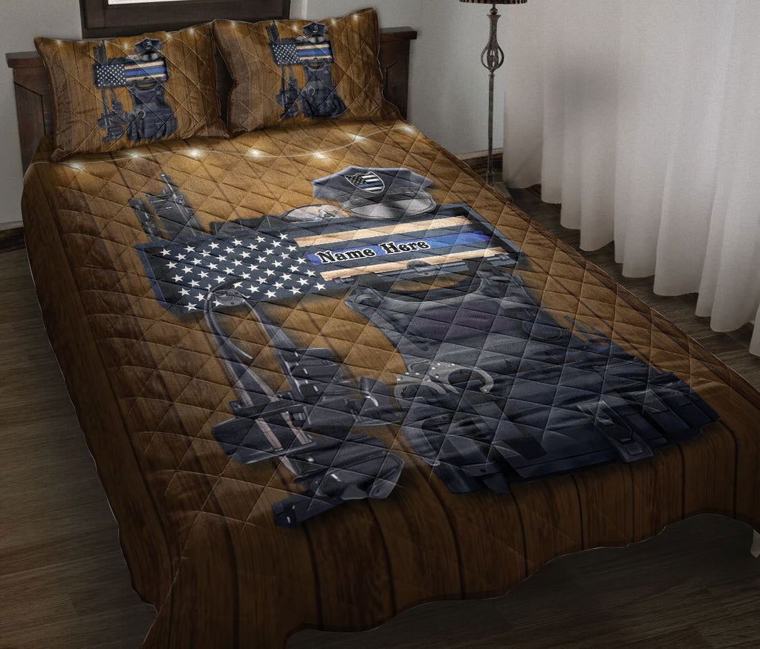 Ohaprints-Quilt-Bed-Set-Pillowcase-Police-Thin-Blue-Line-Flag-Back-The-Blue-Brown-Custom-Personalized-Name-Blanket-Bedspread-Bedding-1787-Throw (55'' x 60'')