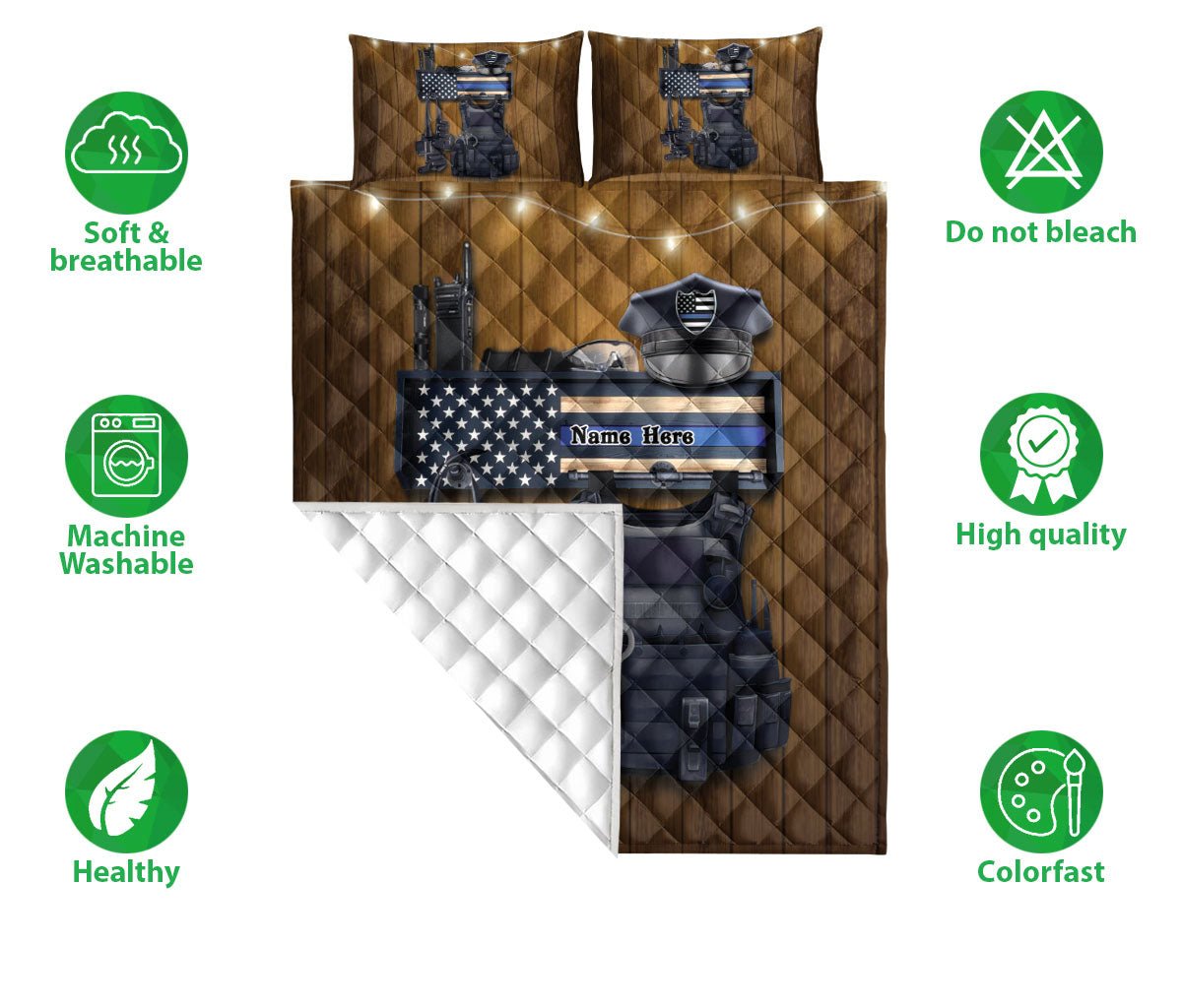 Ohaprints-Quilt-Bed-Set-Pillowcase-Police-Thin-Blue-Line-Flag-Back-The-Blue-Brown-Custom-Personalized-Name-Blanket-Bedspread-Bedding-1787-Double (70'' x 80'')