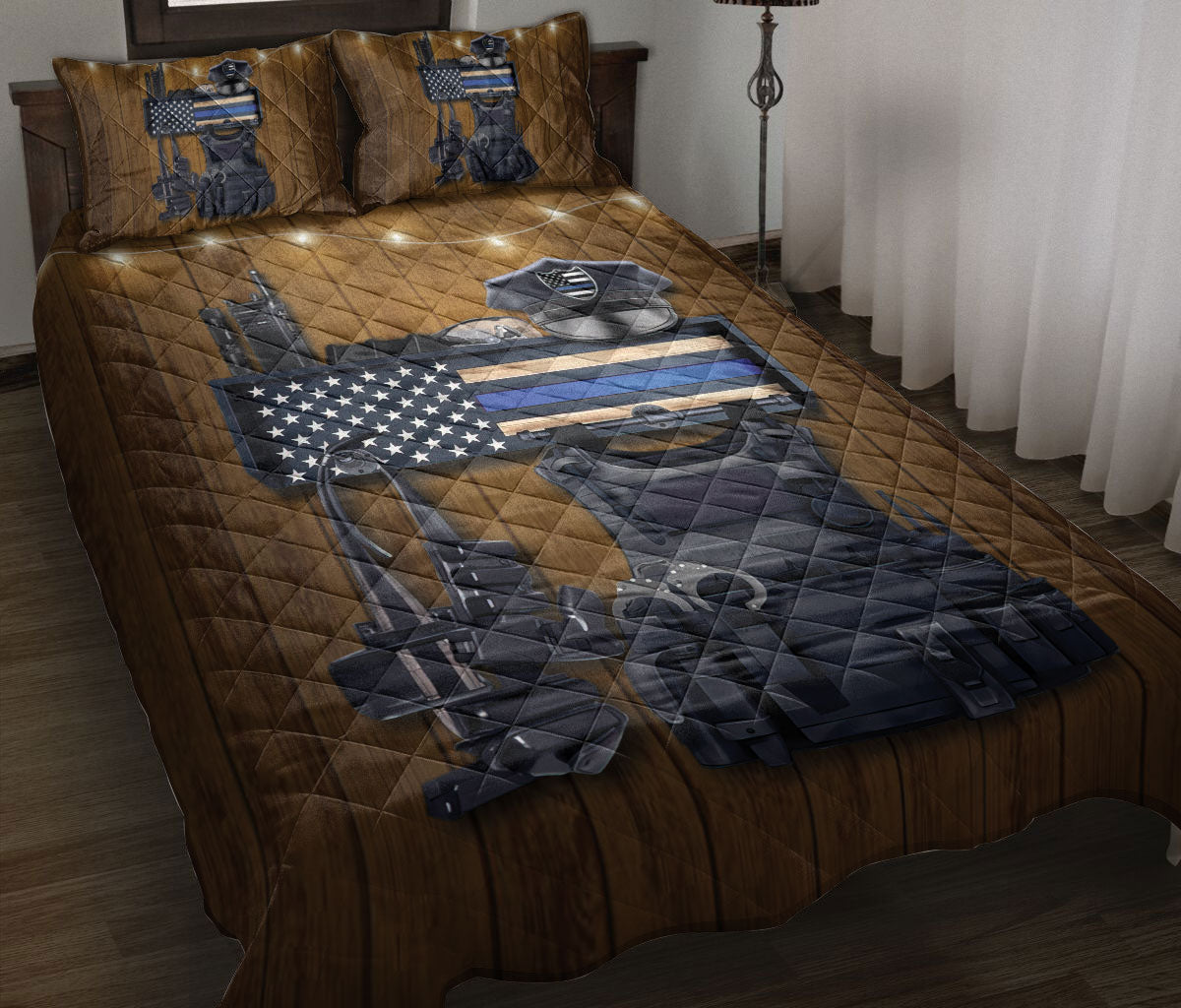 Ohaprints-Quilt-Bed-Set-Pillowcase-Police-Thin-Blue-Line-Flag-Back-The-Blue-Brown-Pattern-Blanket-Bedspread-Bedding-2376-Throw (55'' x 60'')